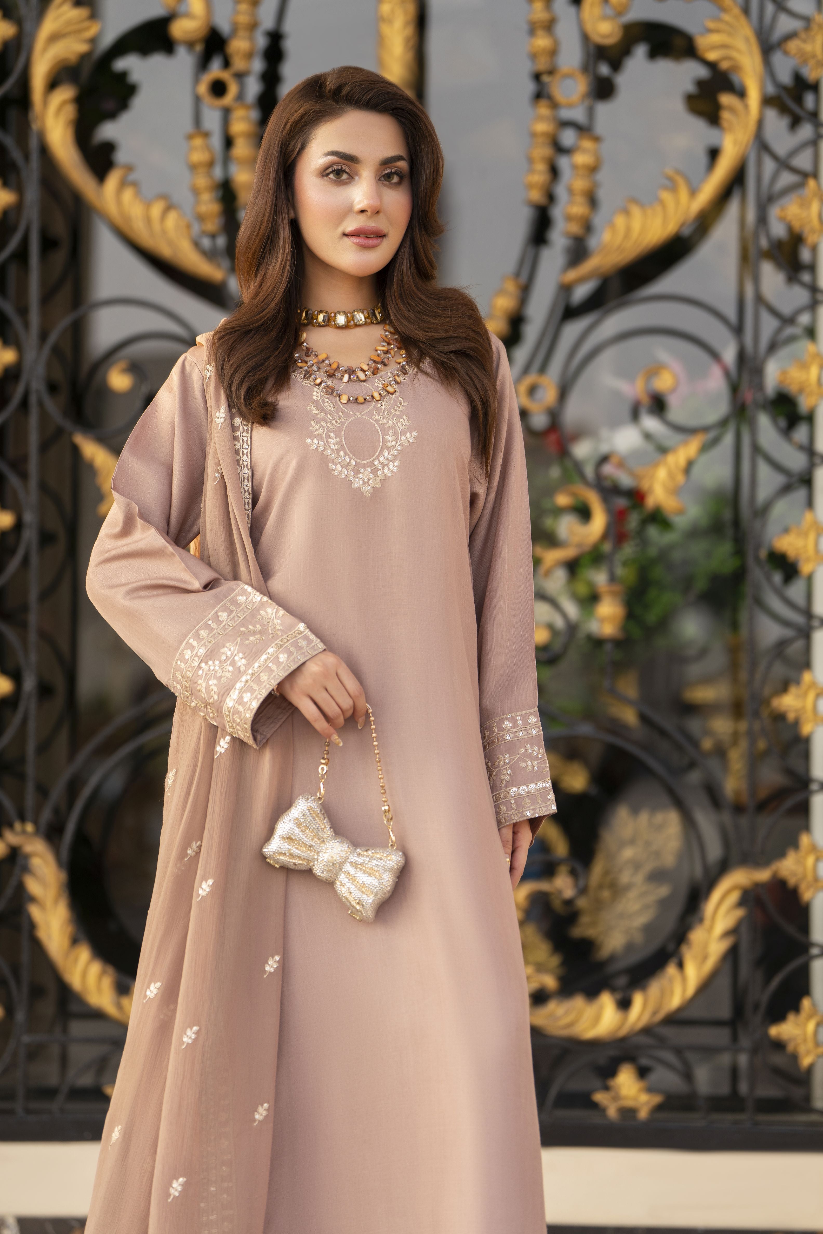 Reshmi RA4 Nude Embroidered 3pc Raw Silk Suit with Chiffon Dupatta