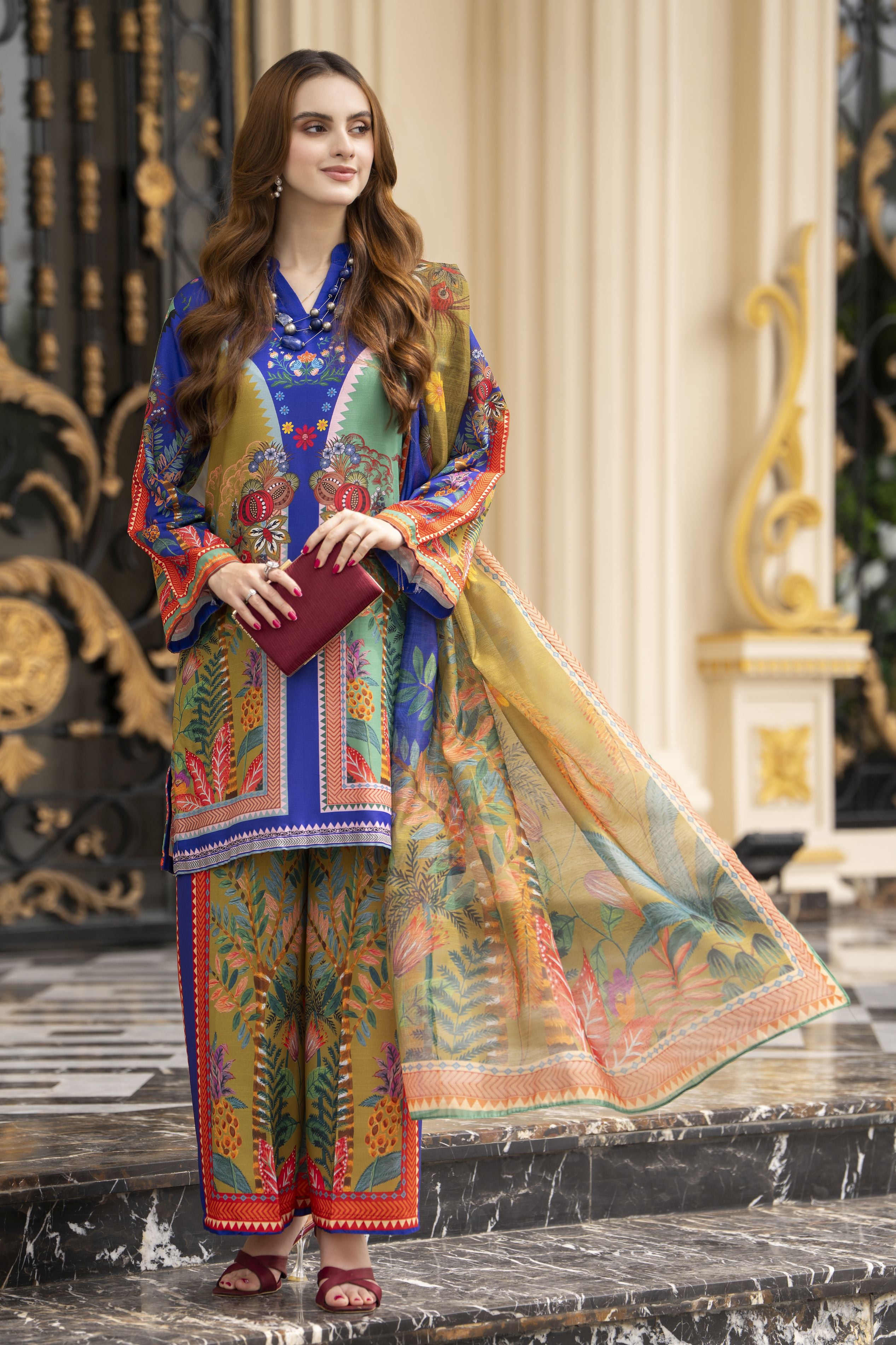 Daily Drapes by Mona – 3pc Printed Raw Silk co-ord set for women DDR5