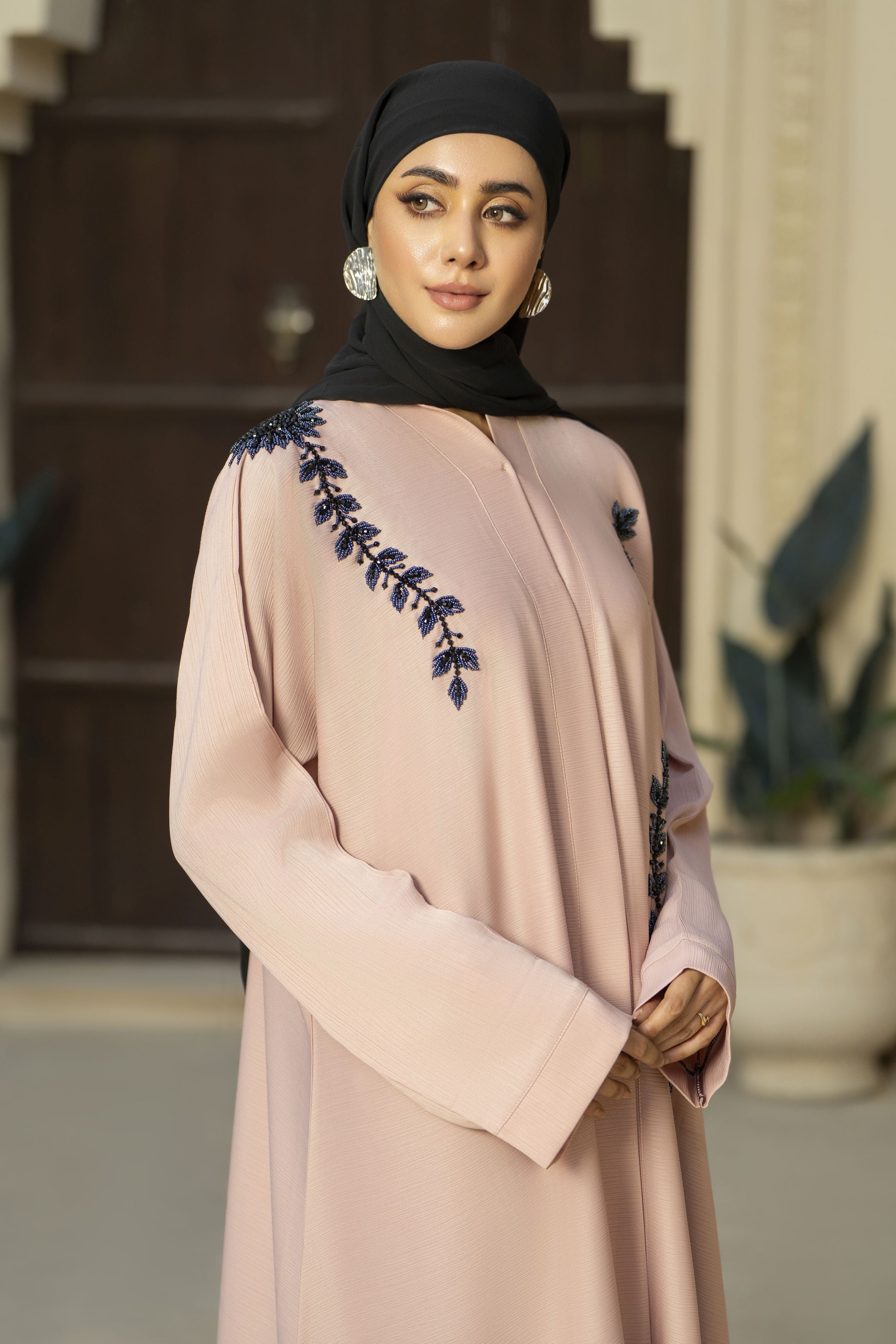 Blush Pink Nida Abaya with Navy Handwork – Zaina Luxe Drapes Collection ZLD5