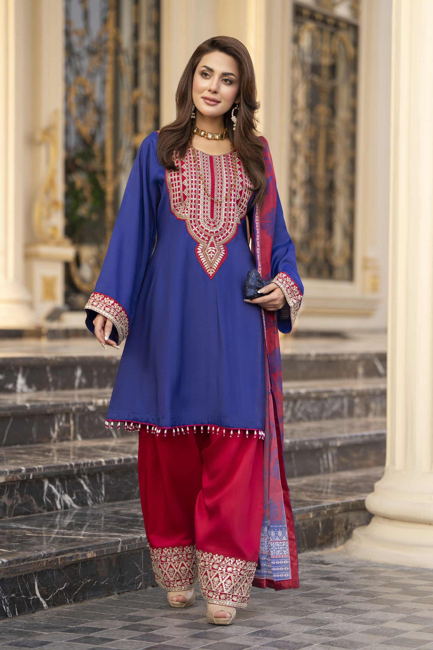 Reshmi RA2 Blue Embroidered Frock with Farshi Shalwar 3pc Raw Silk Suit