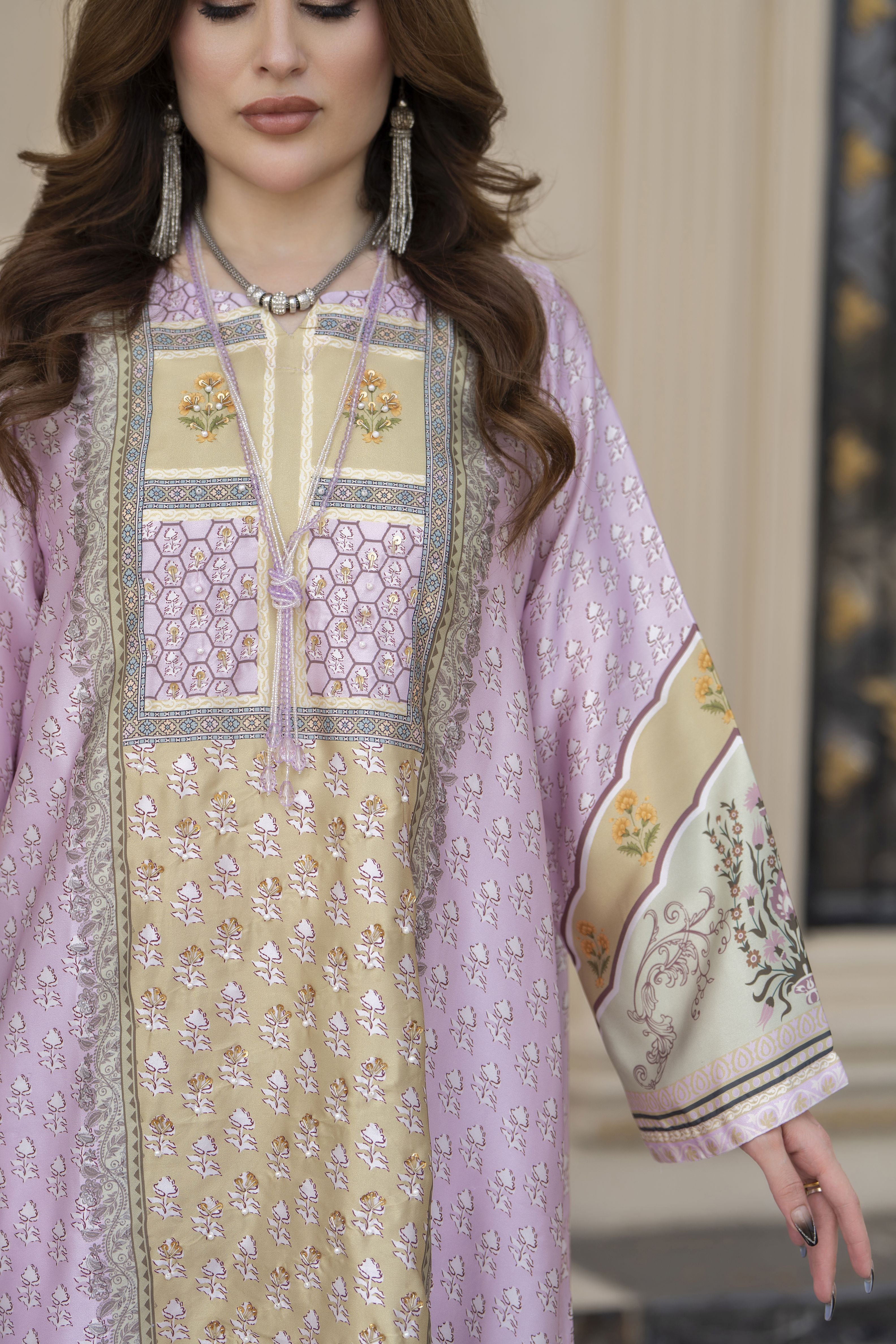 Sakeena 2pc Printed Charmeuse Handworked Kaftan – Lamis – CS6