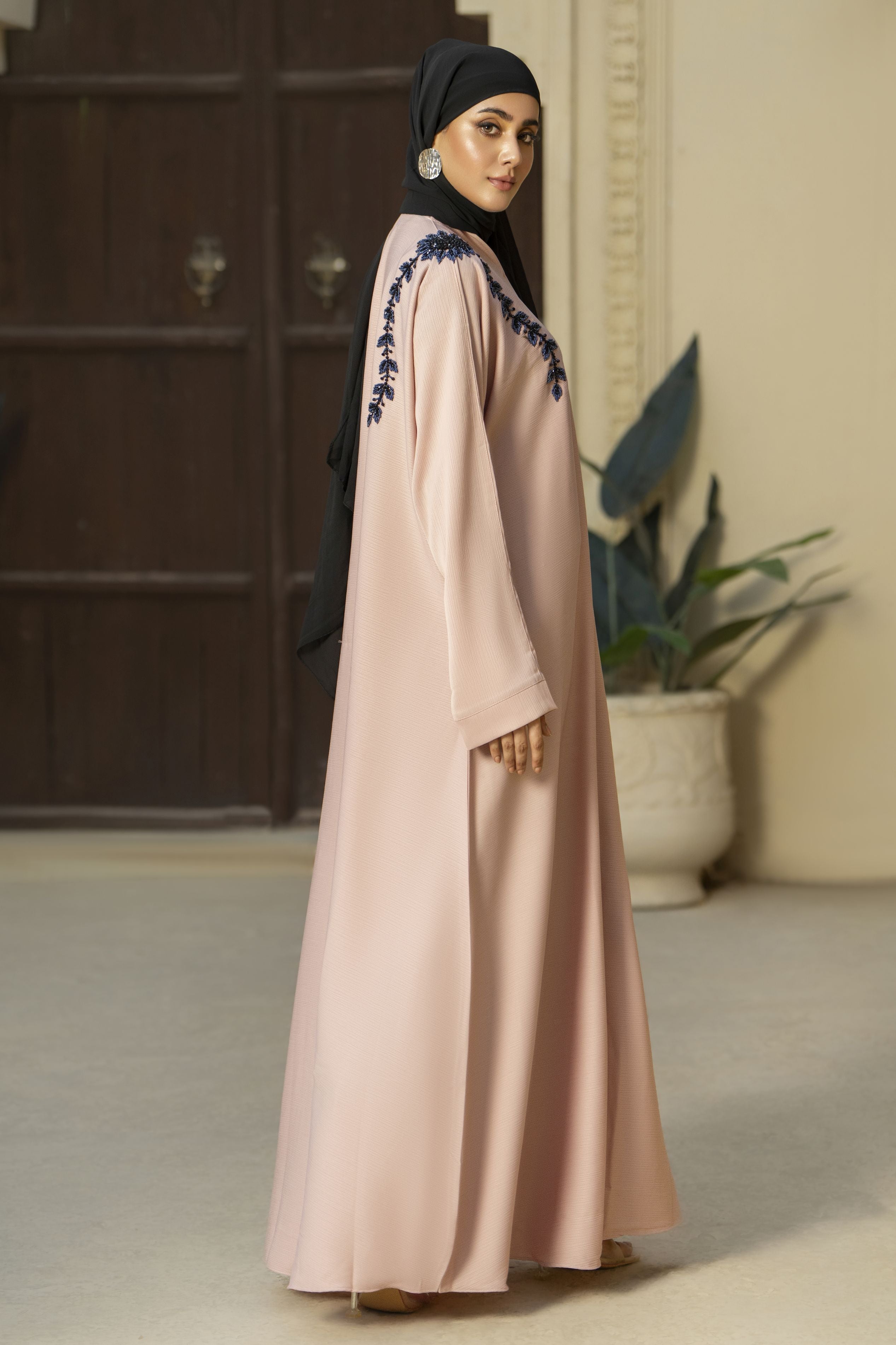 Blush Pink Nida Abaya with Navy Handwork – Zaina Luxe Drapes Collection ZLD5
