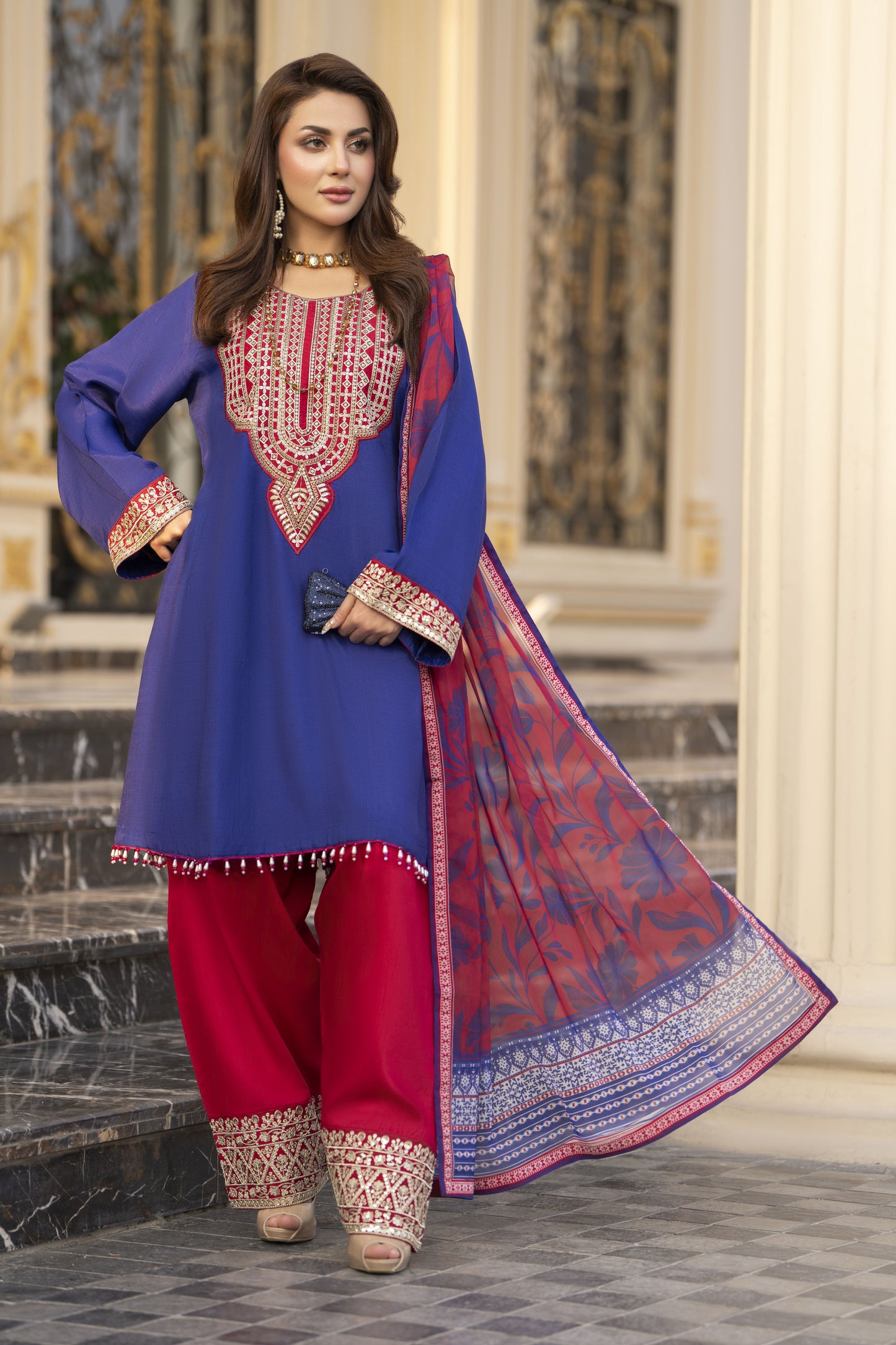 Reshmi RA2 Blue Embroidered Frock with Farshi Shalwar 3pc Raw Silk Suit