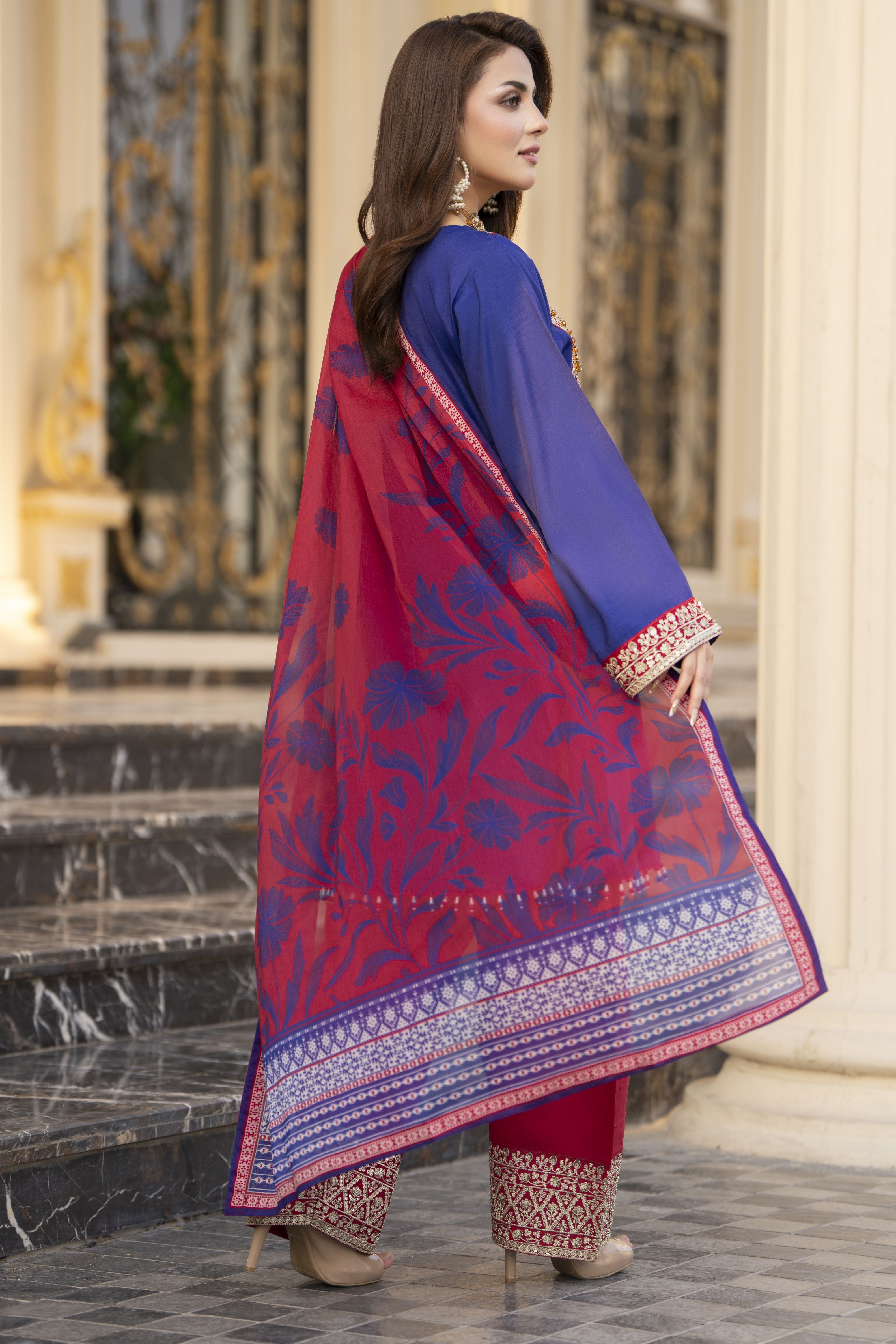 Reshmi RA2 Blue Embroidered Frock with Farshi Shalwar 3pc Raw Silk Suit