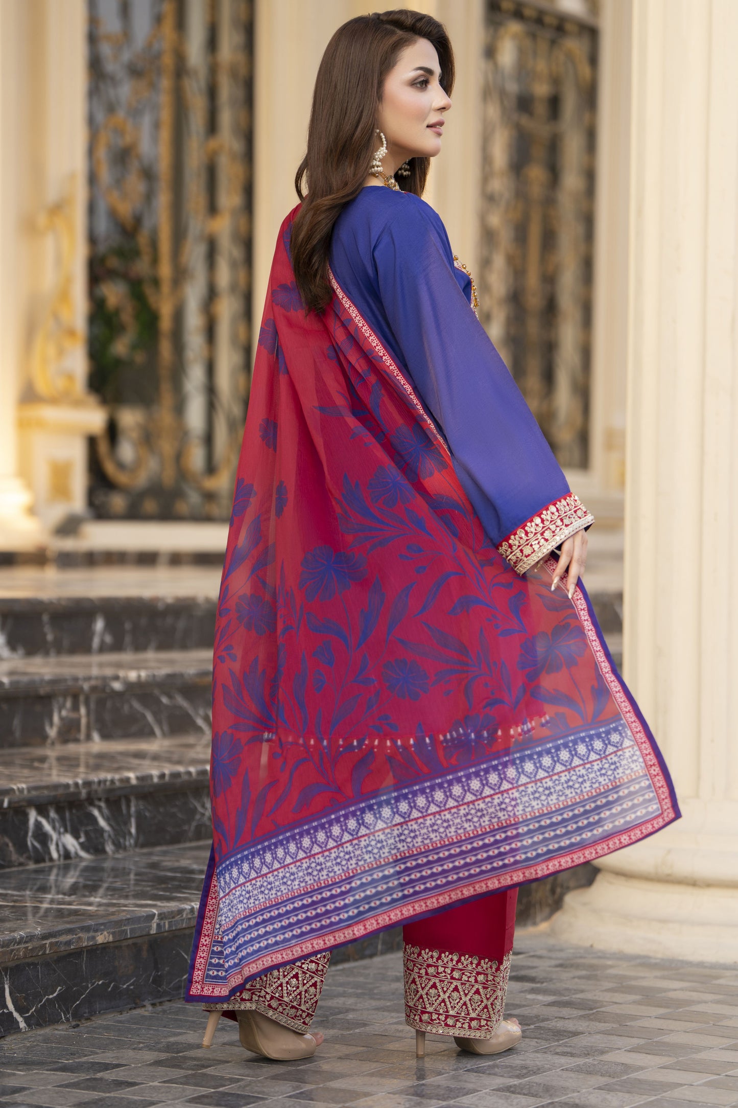 Reshmi RA2 Blue Embroidered Frock with Farshi Shalwar 3pc Raw Silk Suit