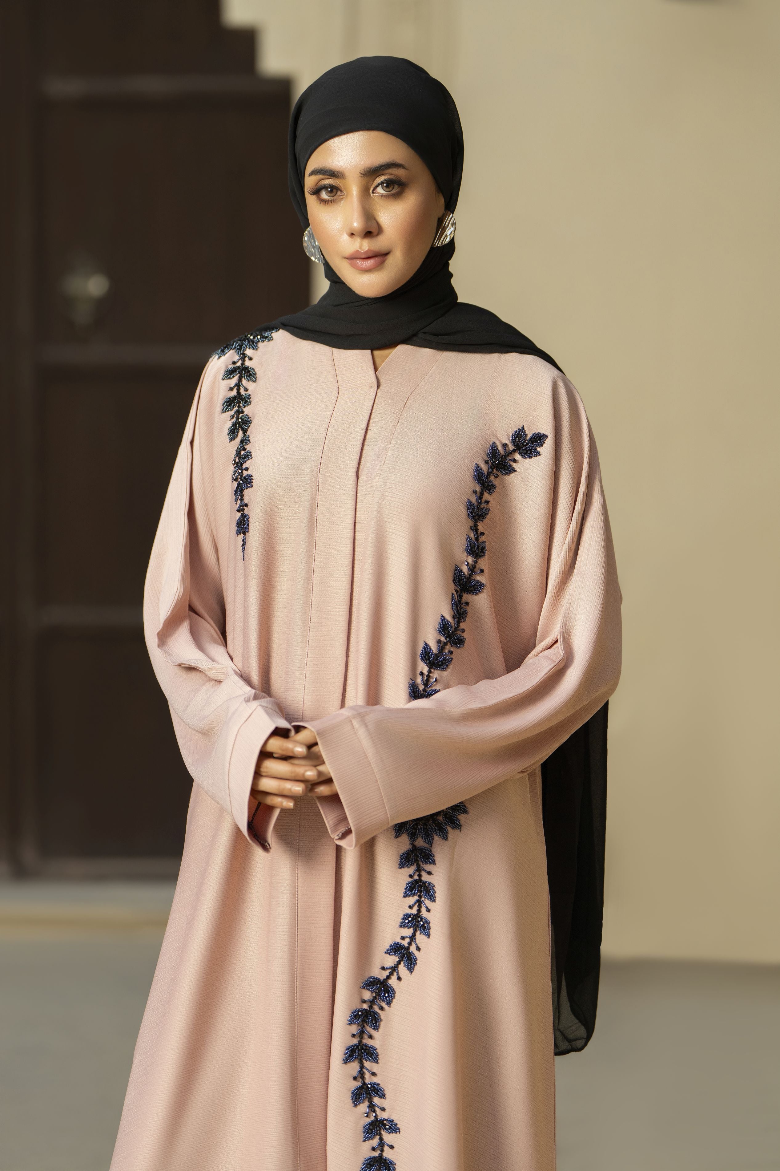 Blush Pink Nida Abaya with Navy Handwork – Zaina Luxe Drapes Collection ZLD5