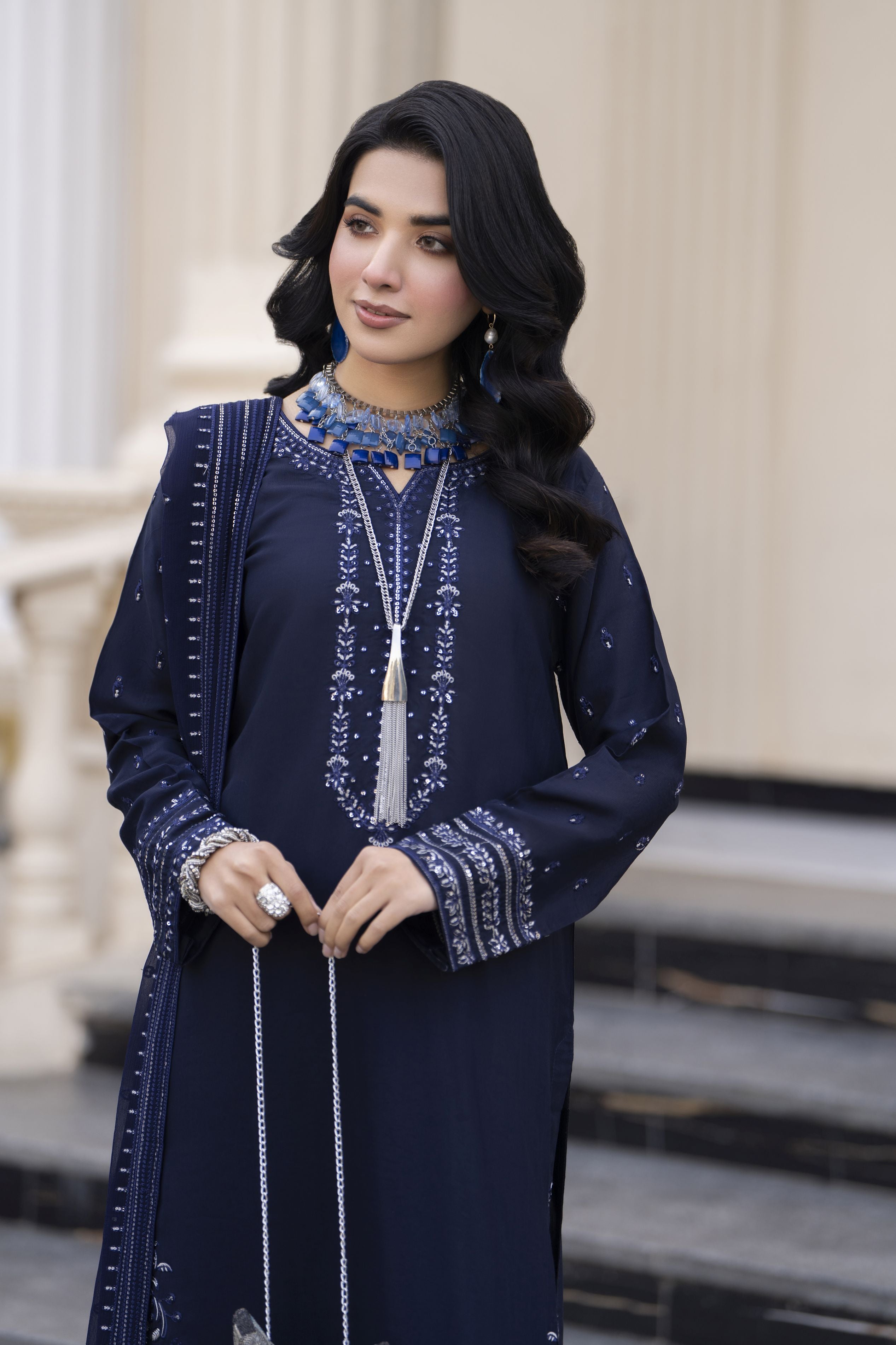 Aleezay Evara 3pc Raw Silk Long Embroidered Ready to Wear Suit EZ10