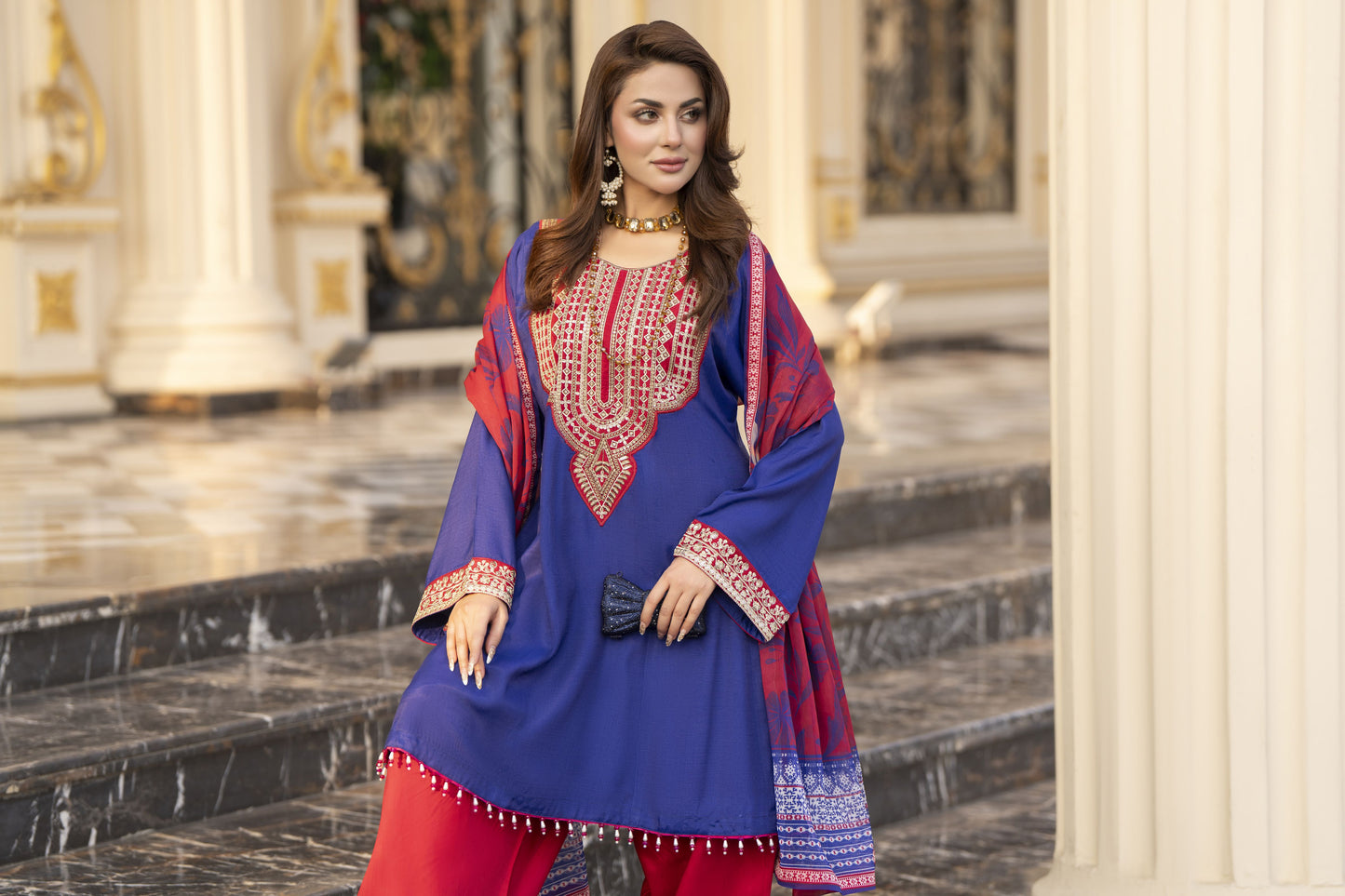 Reshmi RA2 Blue Embroidered Frock with Farshi Shalwar 3pc Raw Silk Suit