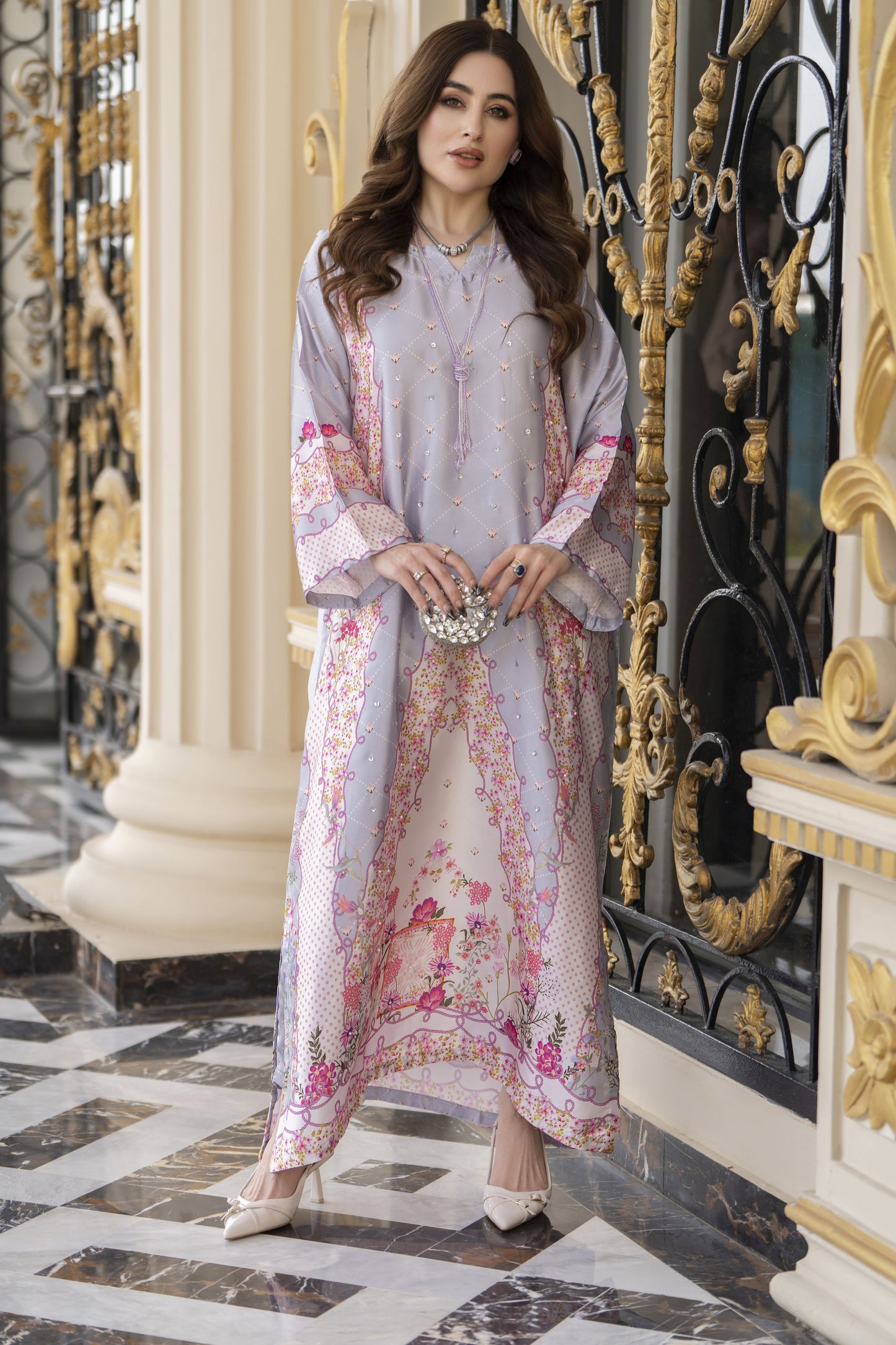Sakeena 2pc Printed Charmeuse Handworked Kaftan – Rameen – CS5