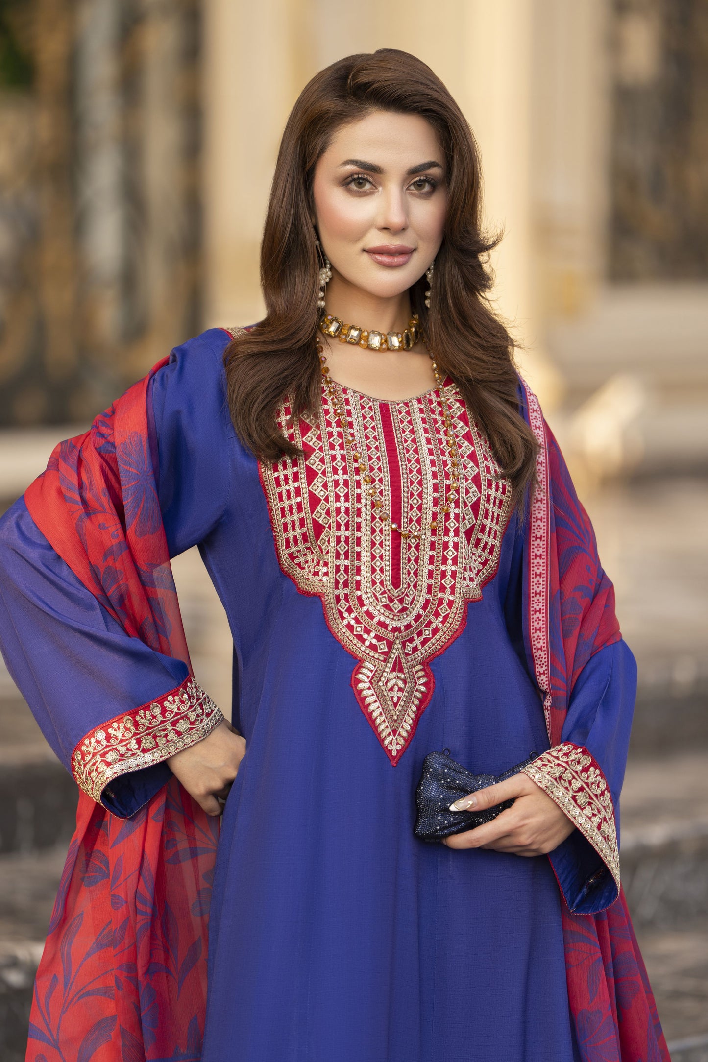 Reshmi RA2 Blue Embroidered Frock with Farshi Shalwar 3pc Raw Silk Suit