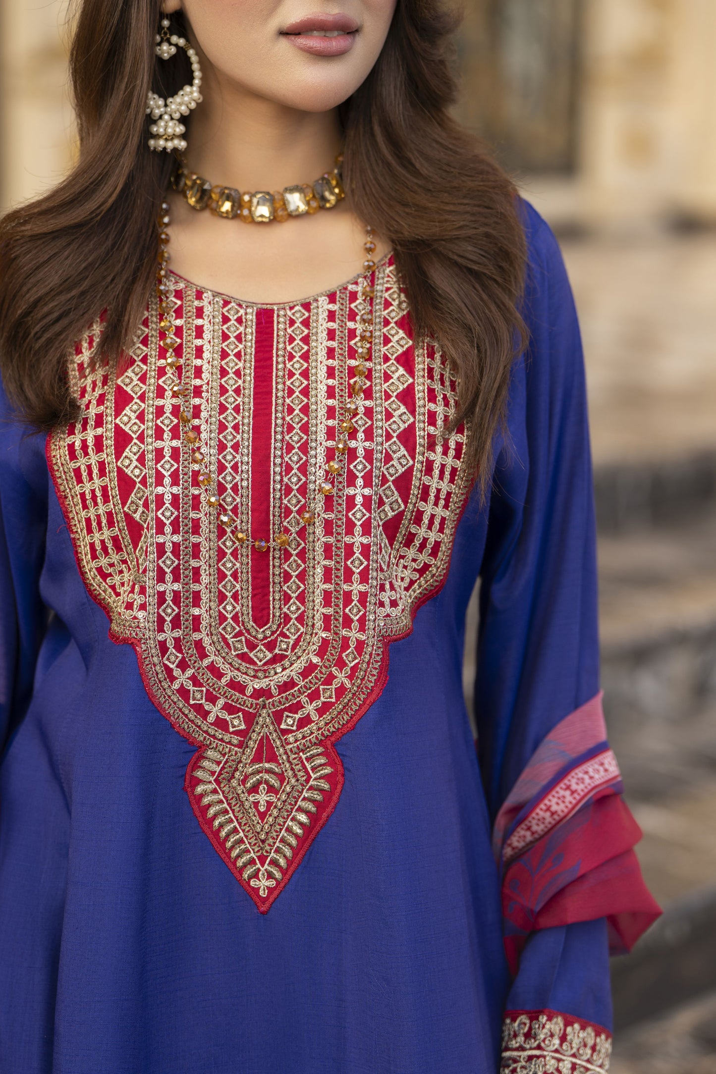Reshmi RA2 Blue Embroidered Frock with Farshi Shalwar 3pc Raw Silk Suit
