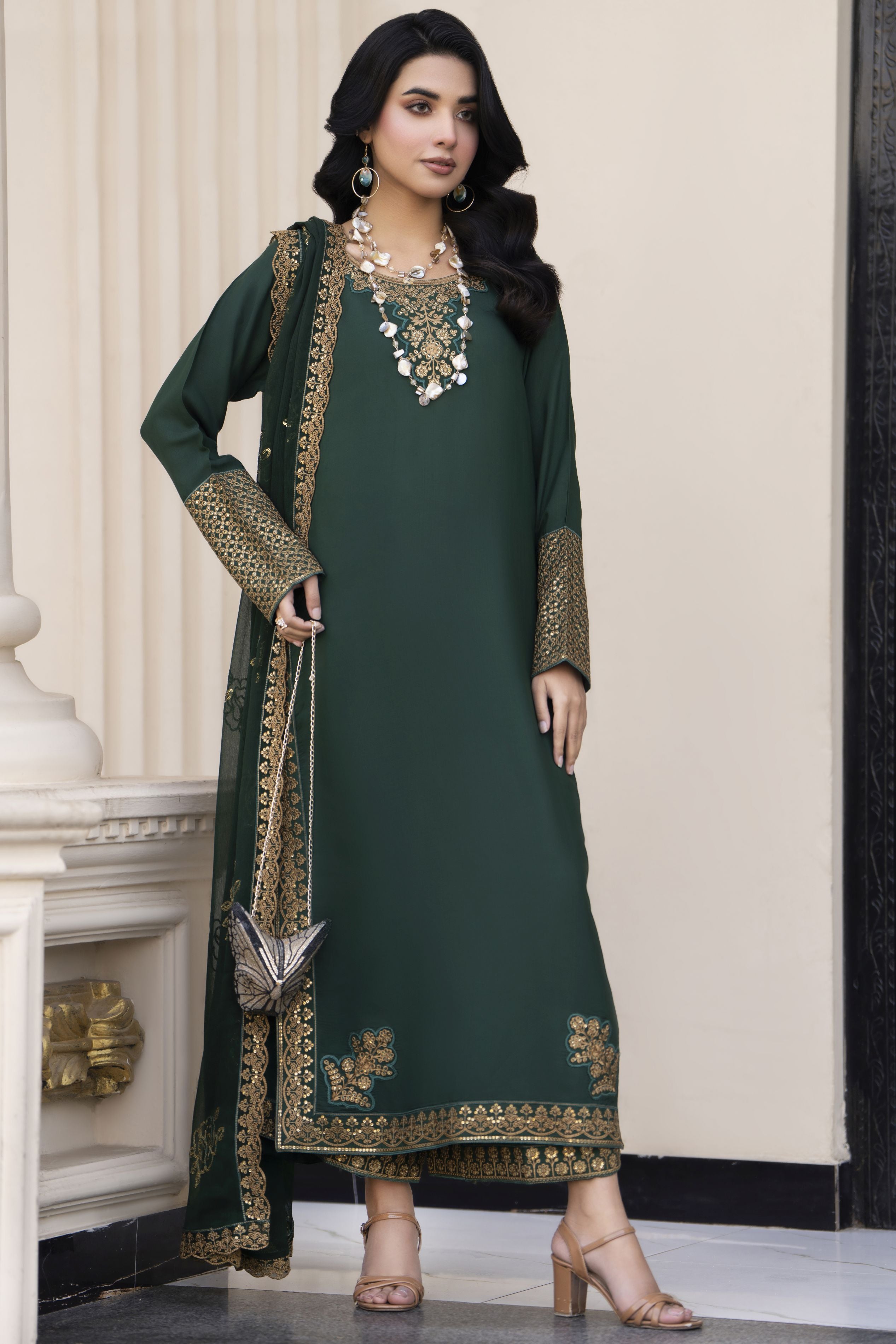 Aleezay Evara 3pc Raw Silk Long Embroidered Dress EZ11