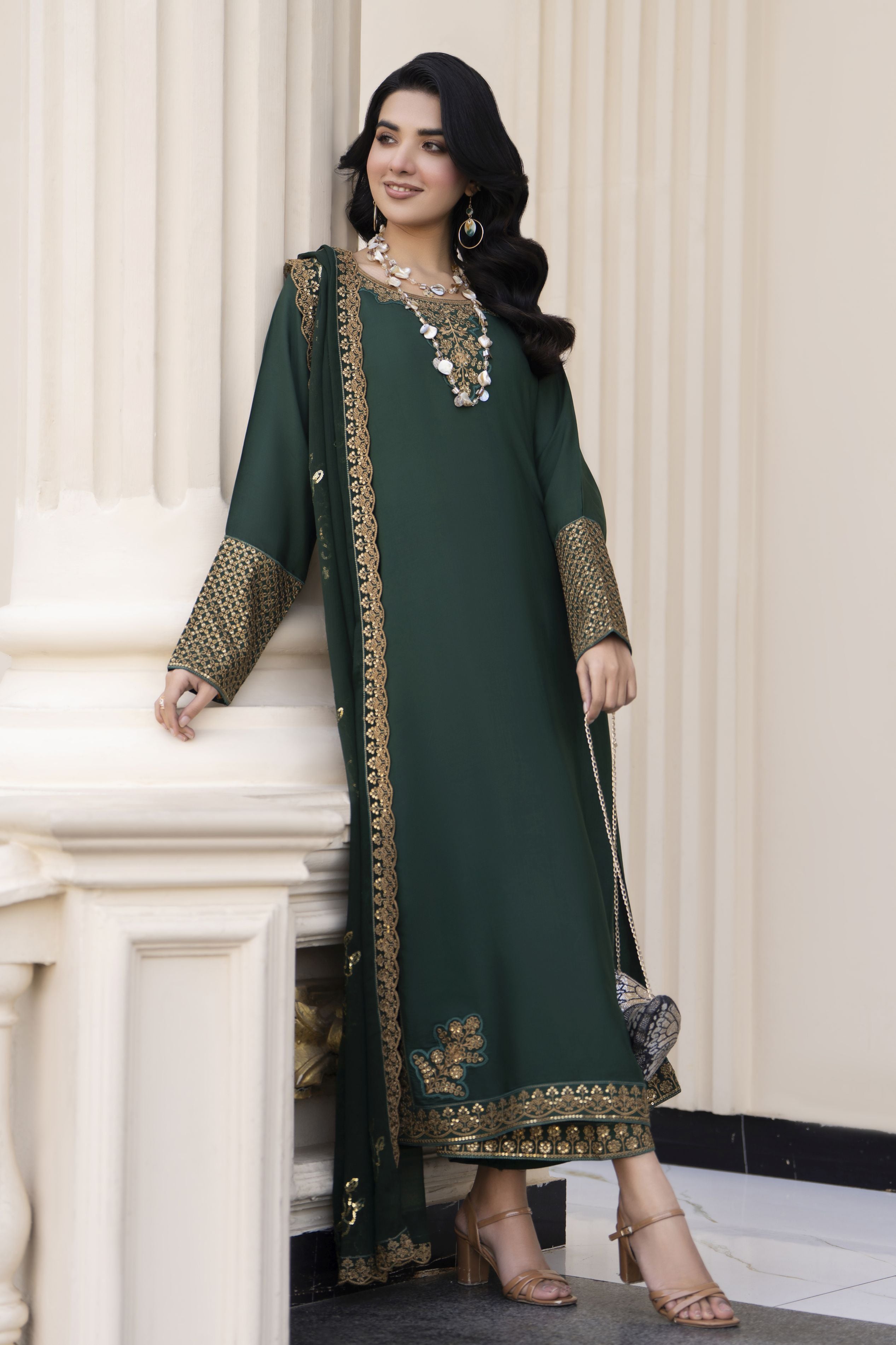 Aleezay Evara 3pc Raw Silk Long Embroidered Dress EZ11