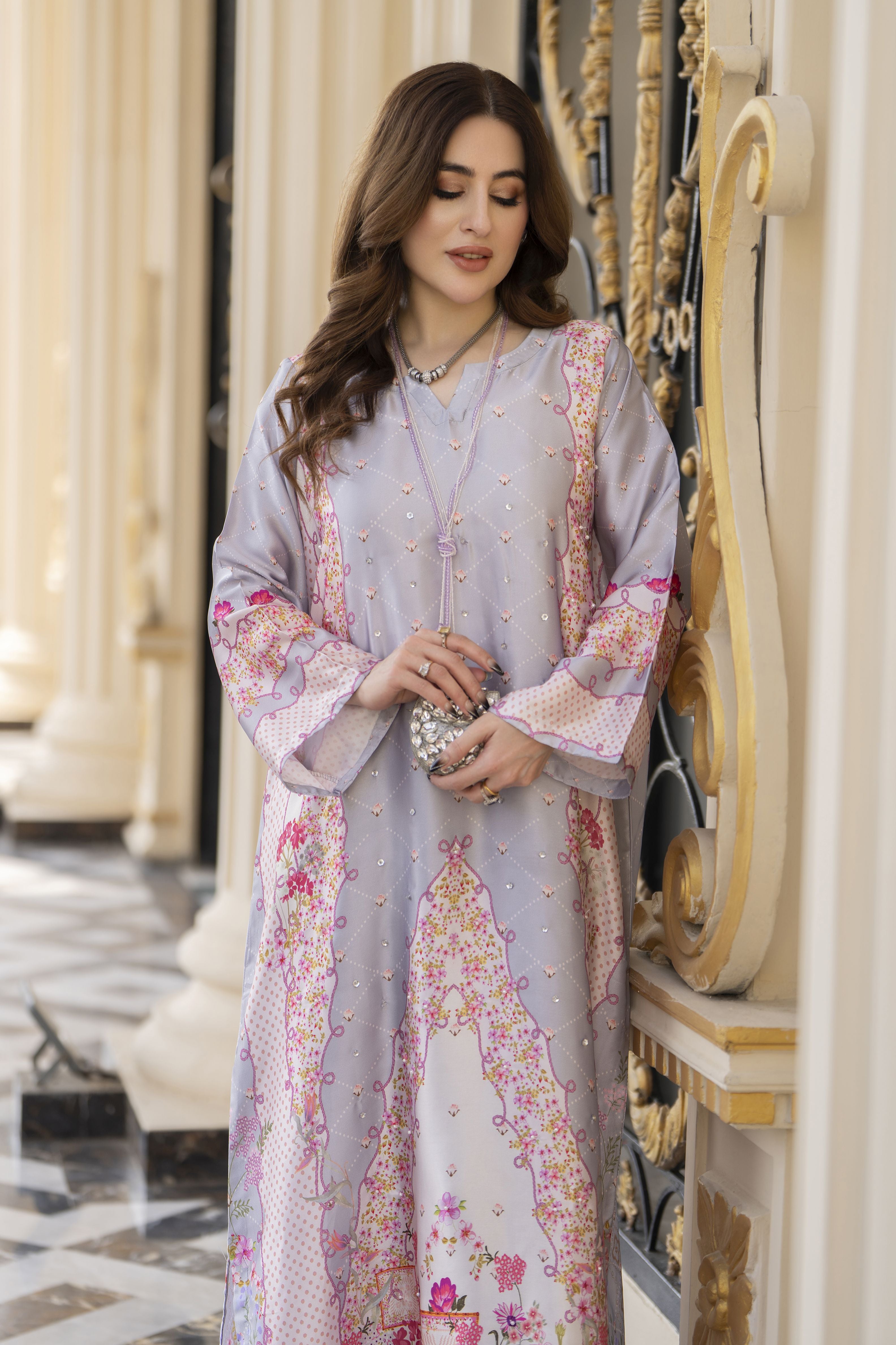 Sakeena 2pc Printed Charmeuse Handworked Kaftan – Rameen – CS5