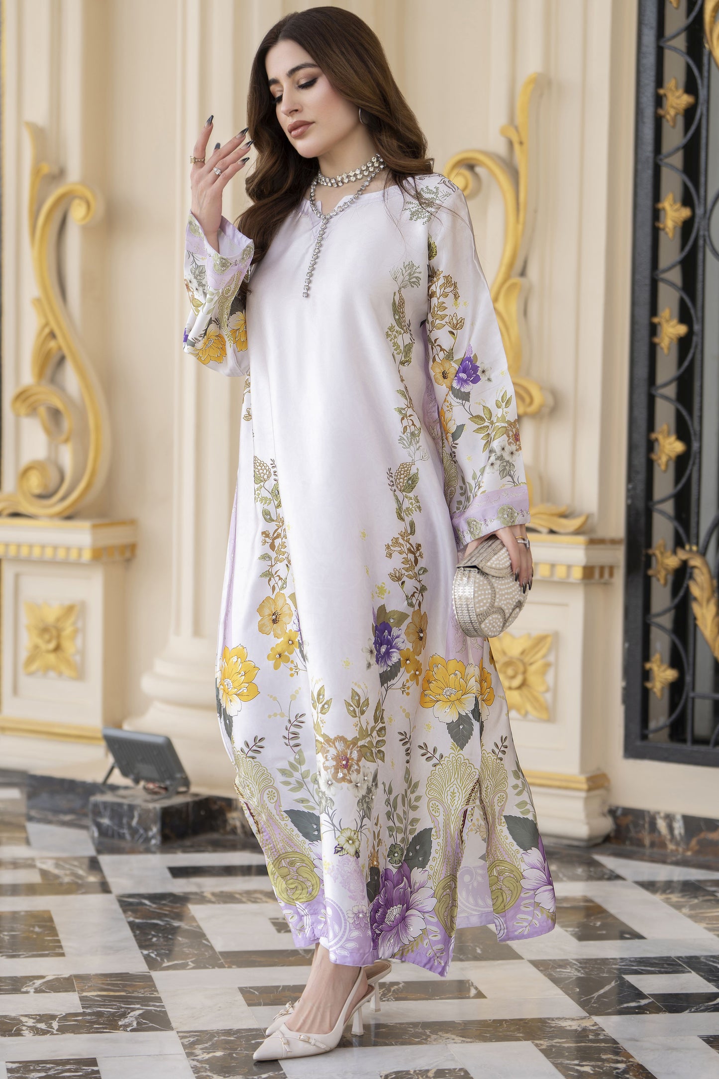 Sakeena 2pc Printed Charmeuse Handworked Kaftan – Zareen – CS2
