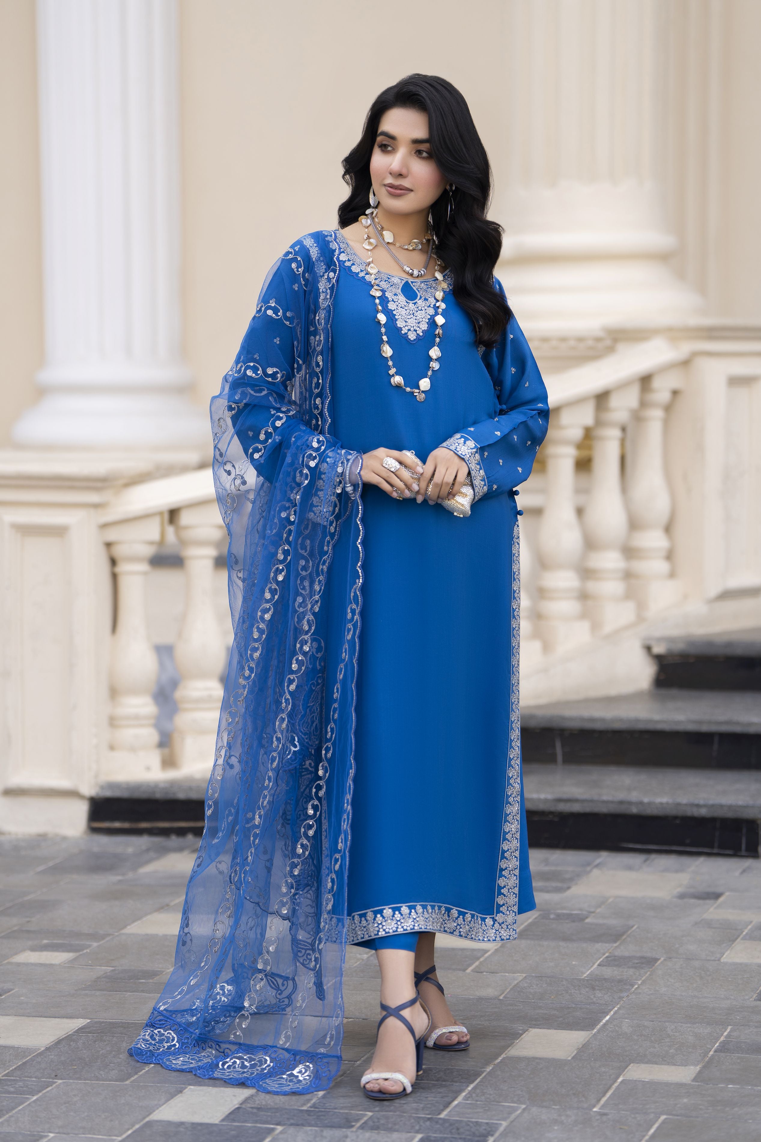 Aleezay Evara 3pc Raw Silk Embroidered Long Dress EZ5