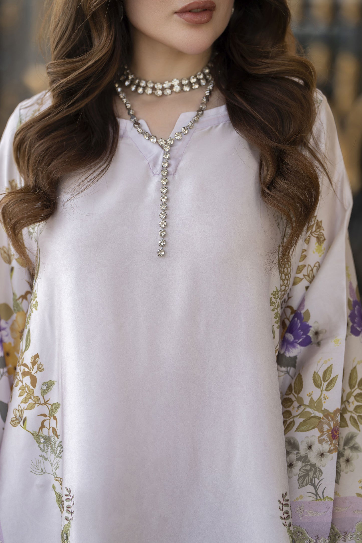 Sakeena 2pc Printed Charmeuse Handworked Kaftan – Zareen – CS2