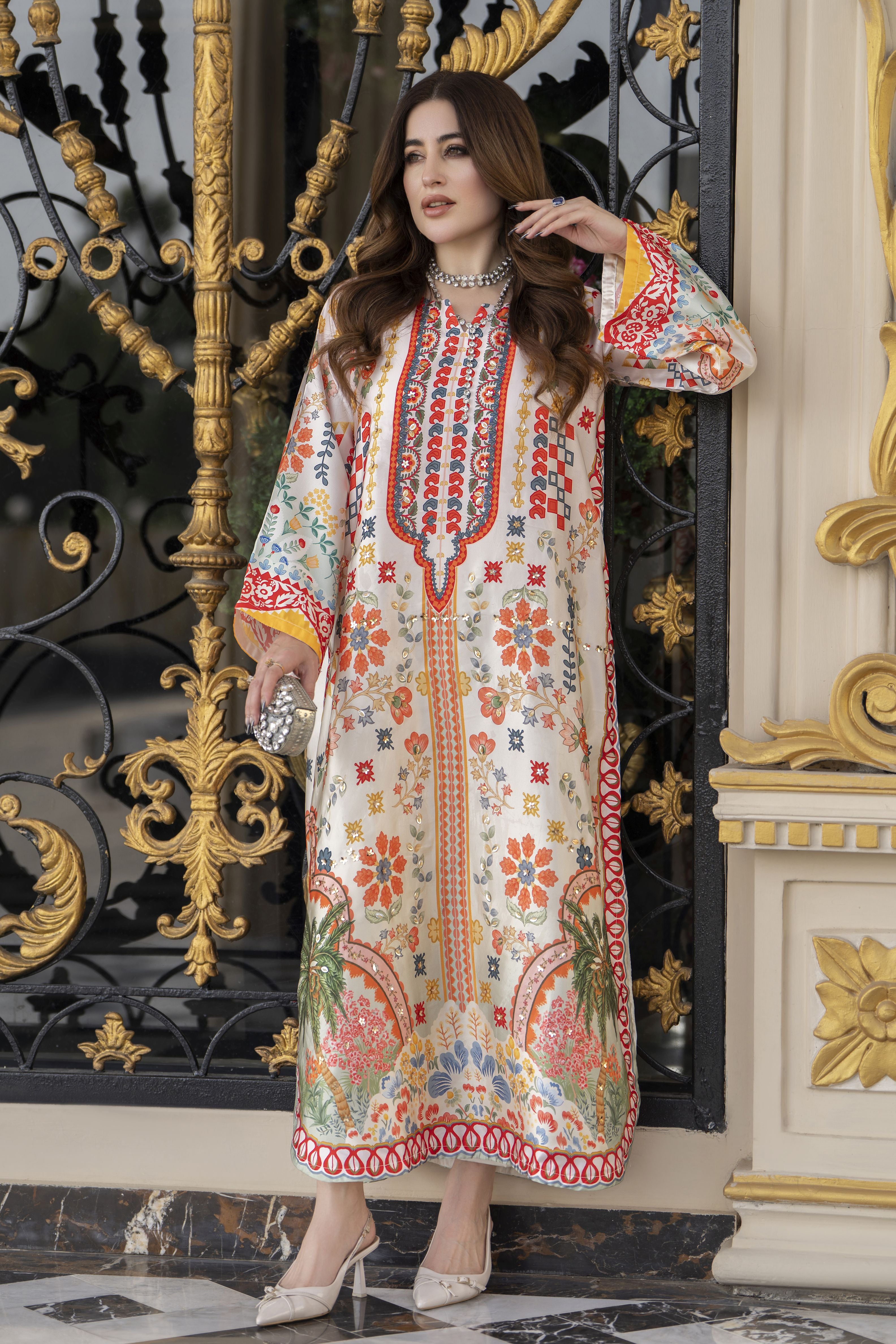 Sakeena 2pc Printed Charmeuse Handworked Kaftan – Ifrah – CS4