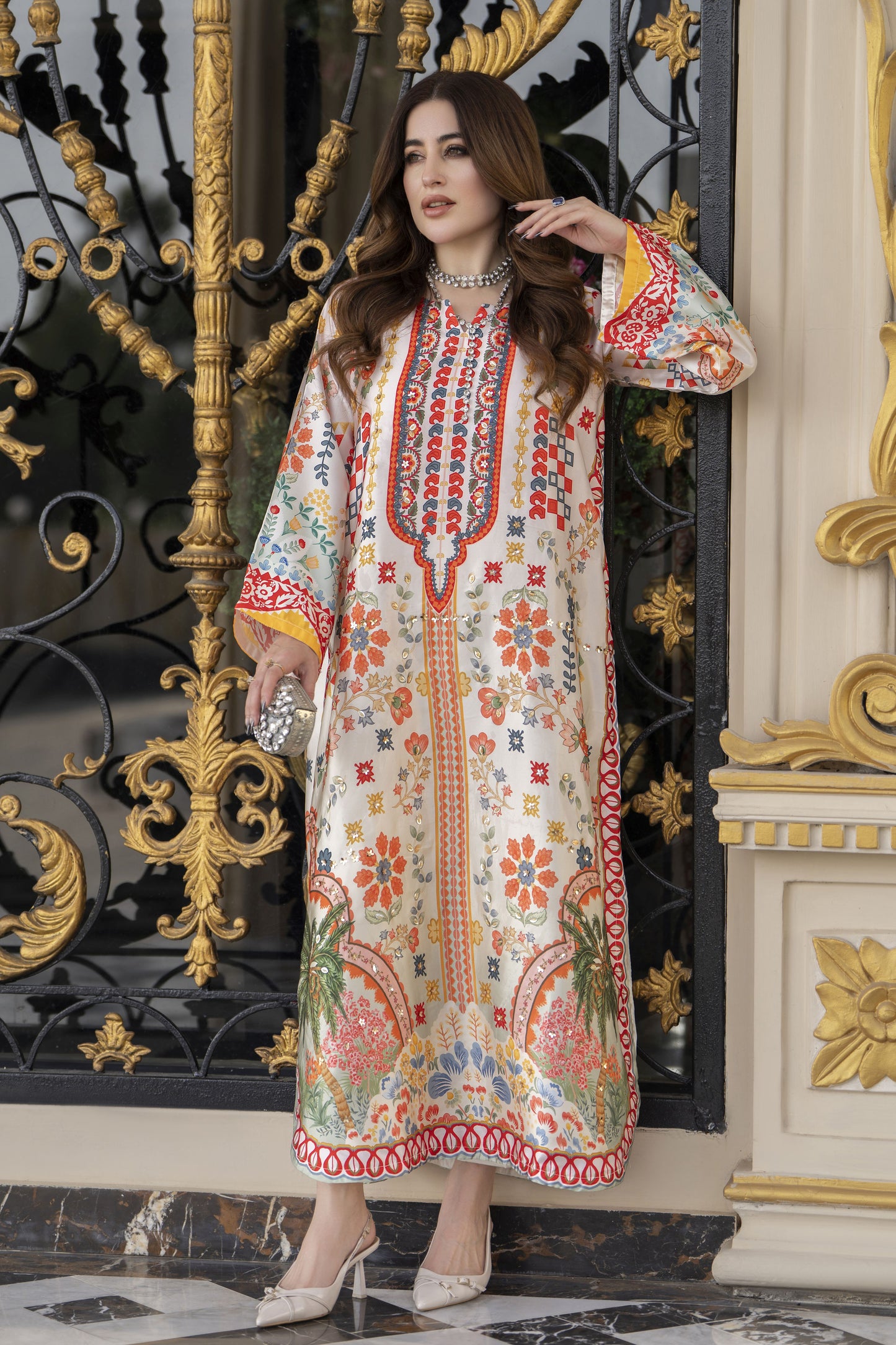 Sakeena 2pc Printed Charmeuse Handworked Kaftan – Ifrah – CS4