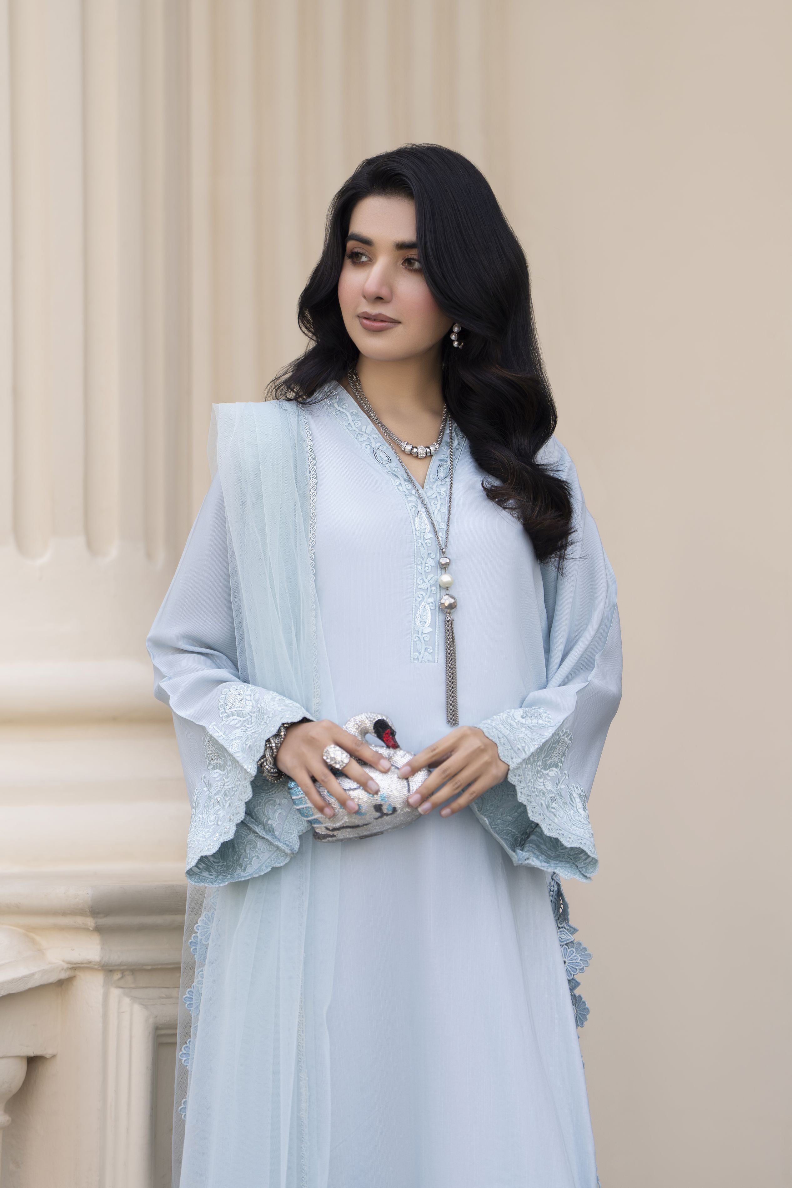 Aleezay Evara 3pc Raw Silk Embroidered Long Ready to Wear Suit EZ8