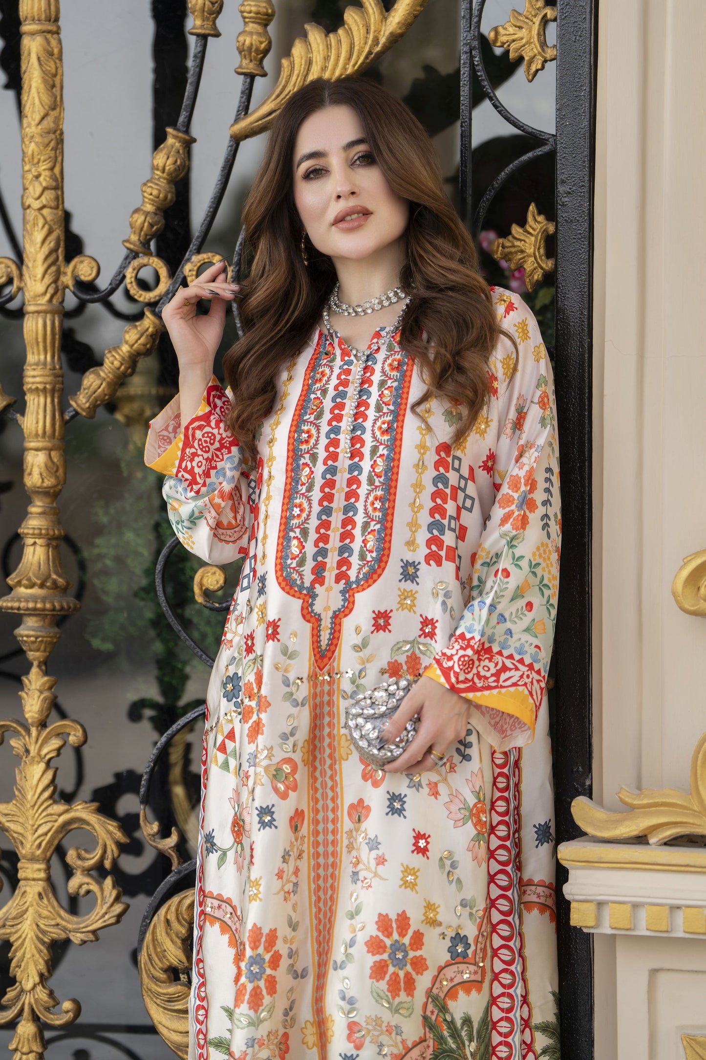 Sakeena 2pc Printed Charmeuse Handworked Kaftan – Ifrah – CS4