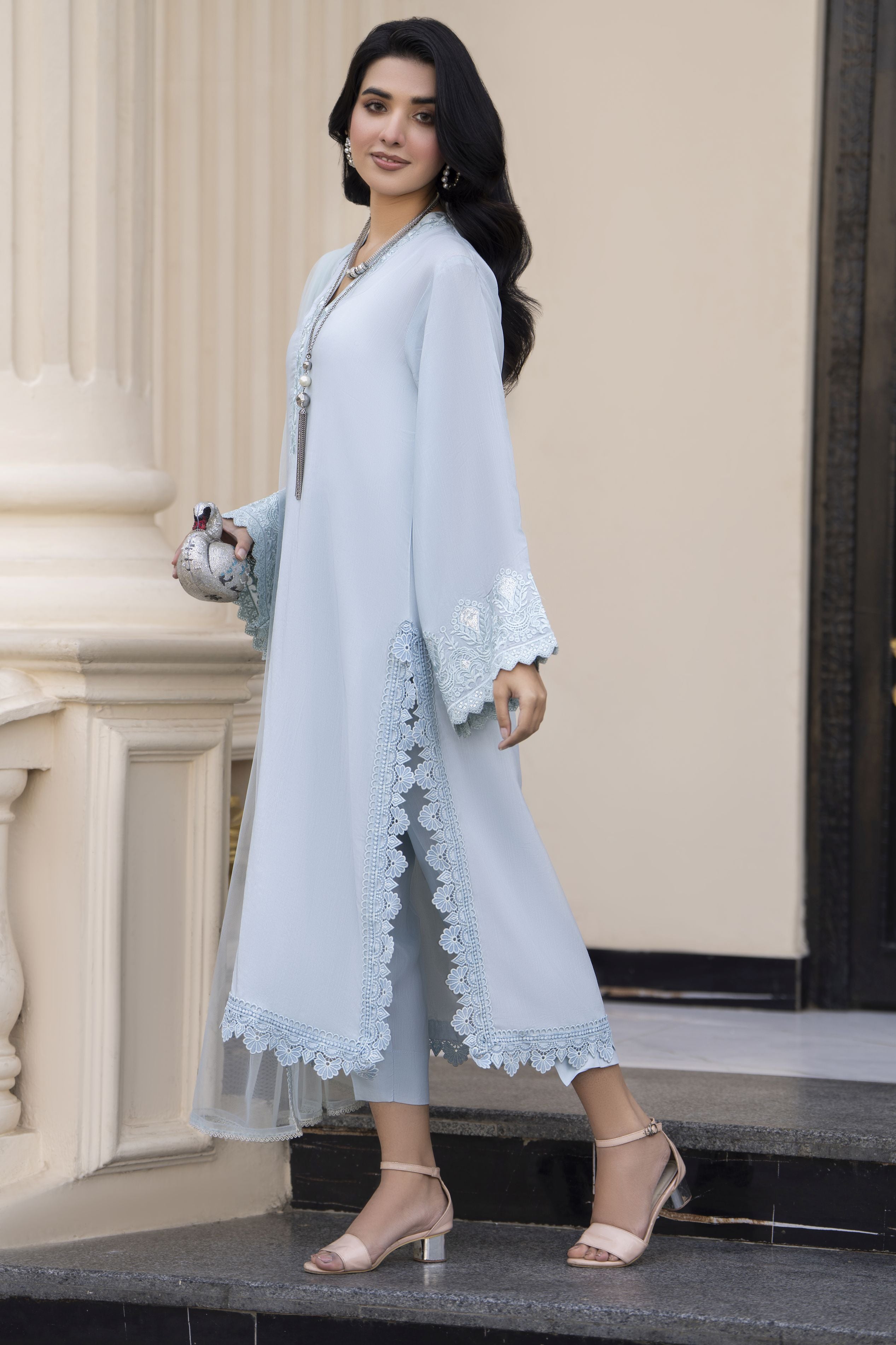 Aleezay Evara 3pc Raw Silk Embroidered Long Ready to Wear Suit EZ8