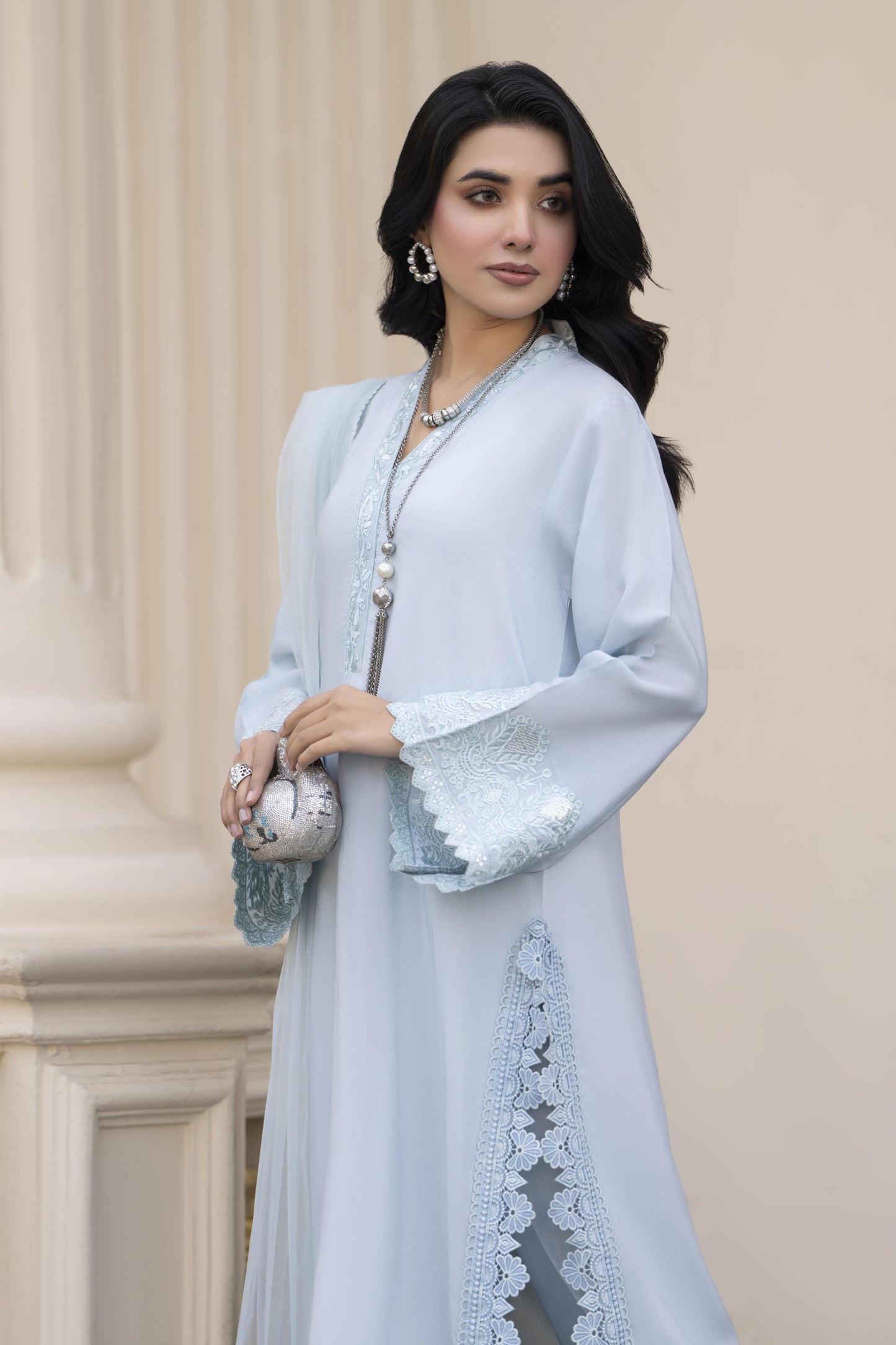 Aleezay Evara 3pc Raw Silk Embroidered Long Ready to Wear Suit EZ8