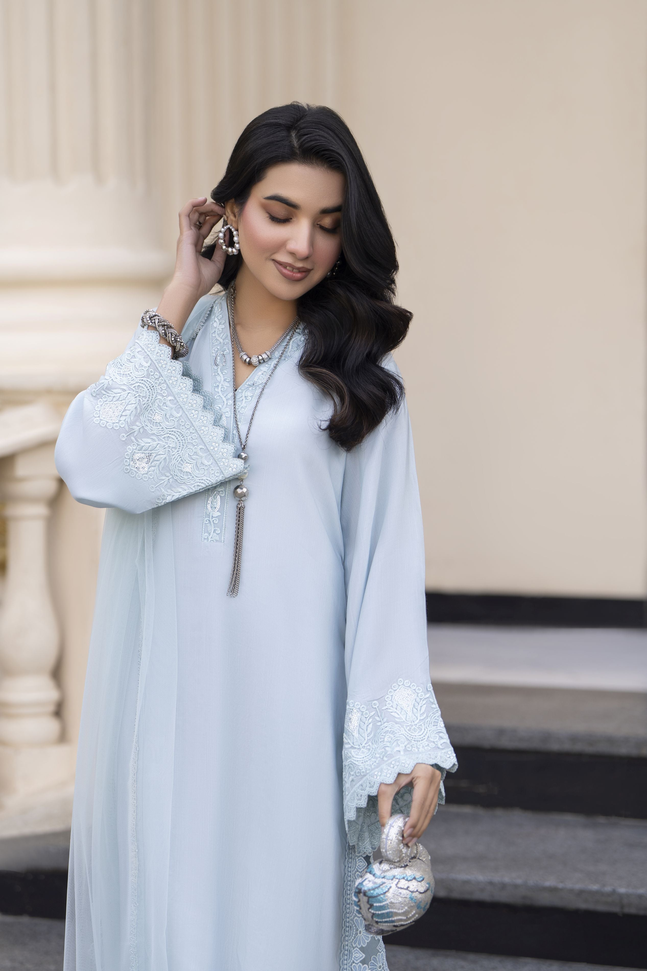 Aleezay Evara 3pc Raw Silk Embroidered Long Ready to Wear Suit EZ8