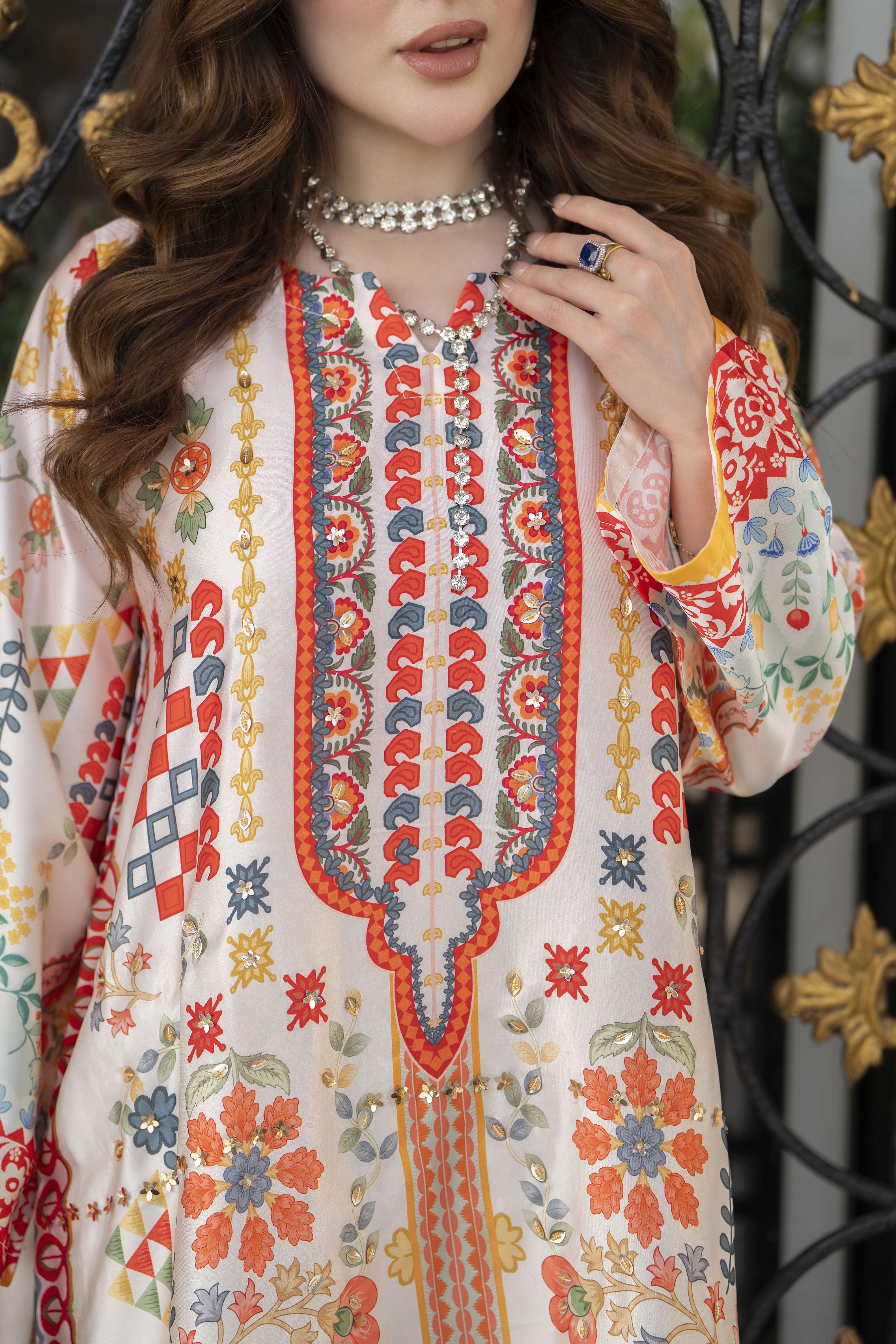 Sakeena 2pc Printed Charmeuse Handworked Kaftan – Ifrah – CS4