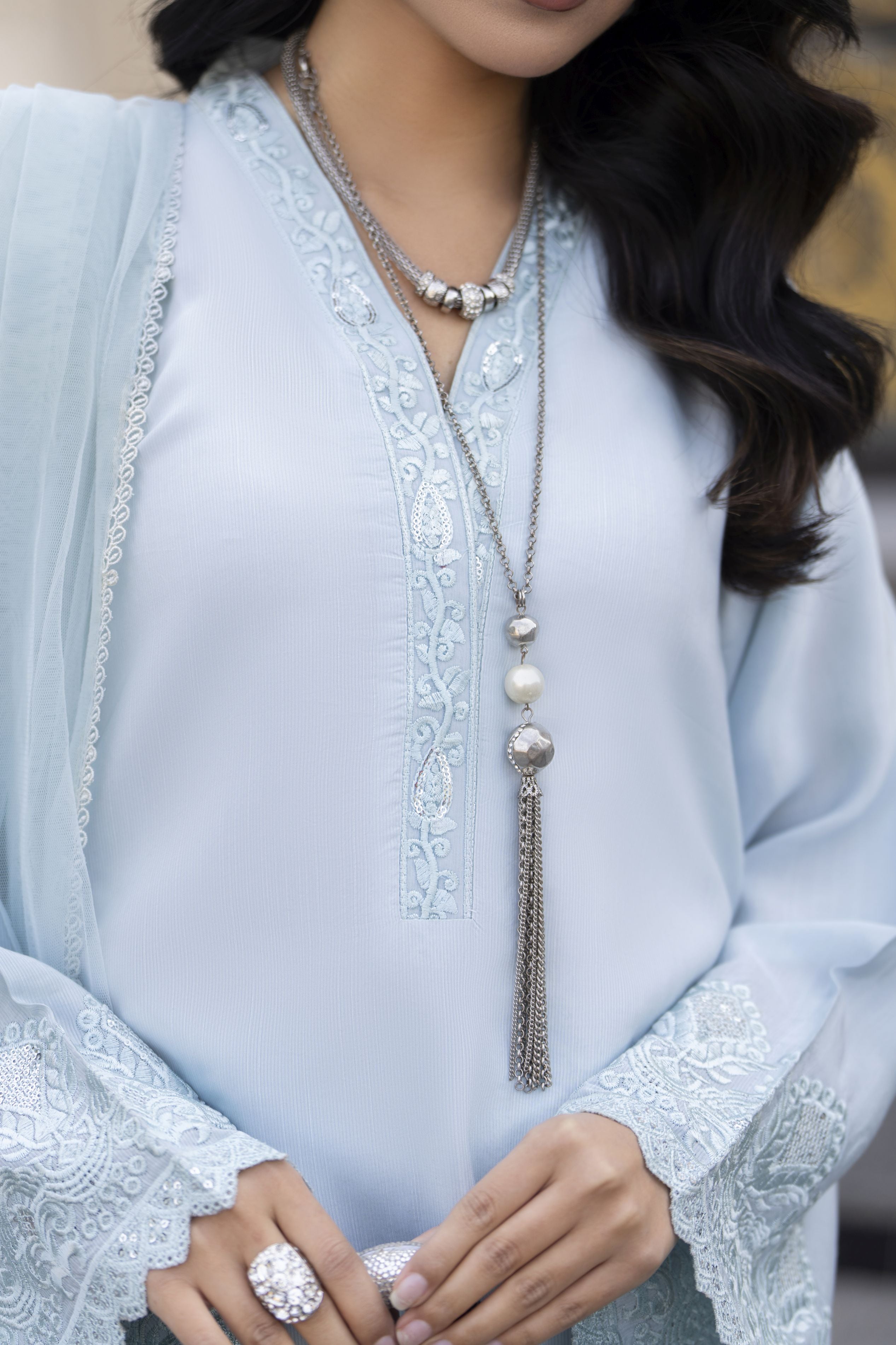 Aleezay Evara 3pc Raw Silk Embroidered Long Ready to Wear Suit EZ8