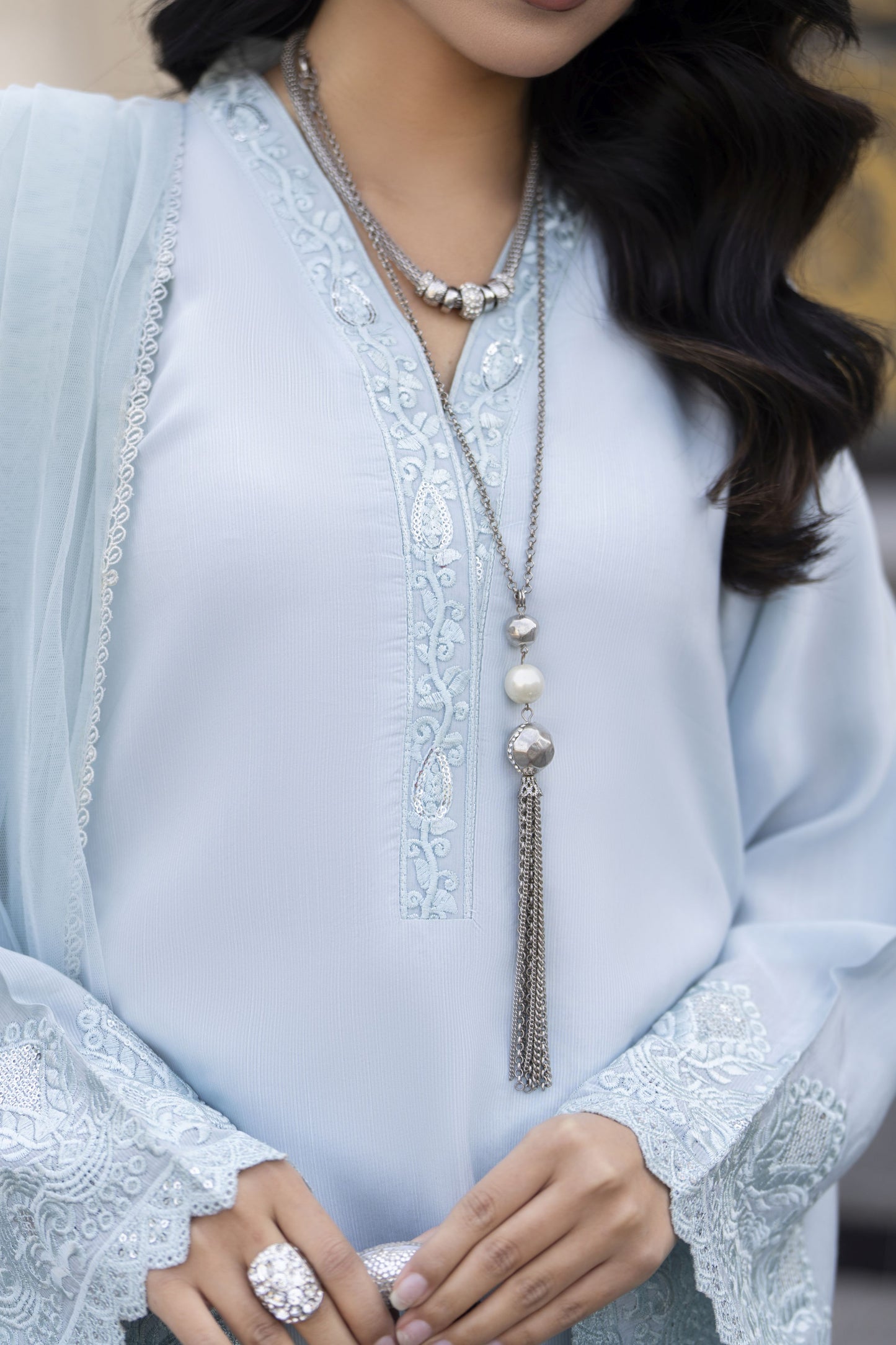 Aleezay Evara 3pc Raw Silk Embroidered Long Ready to Wear Suit EZ8