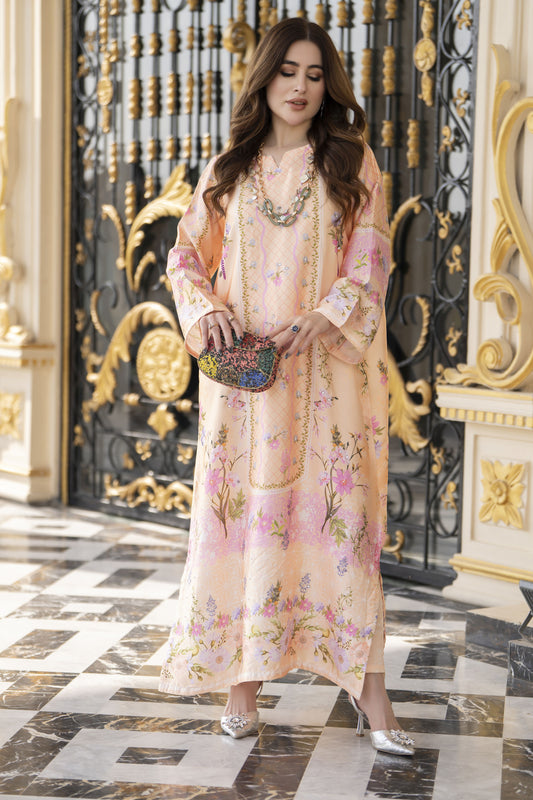 Sakeena 2pc Printed Charmeuse Handworked Kaftan – Areej – CS1