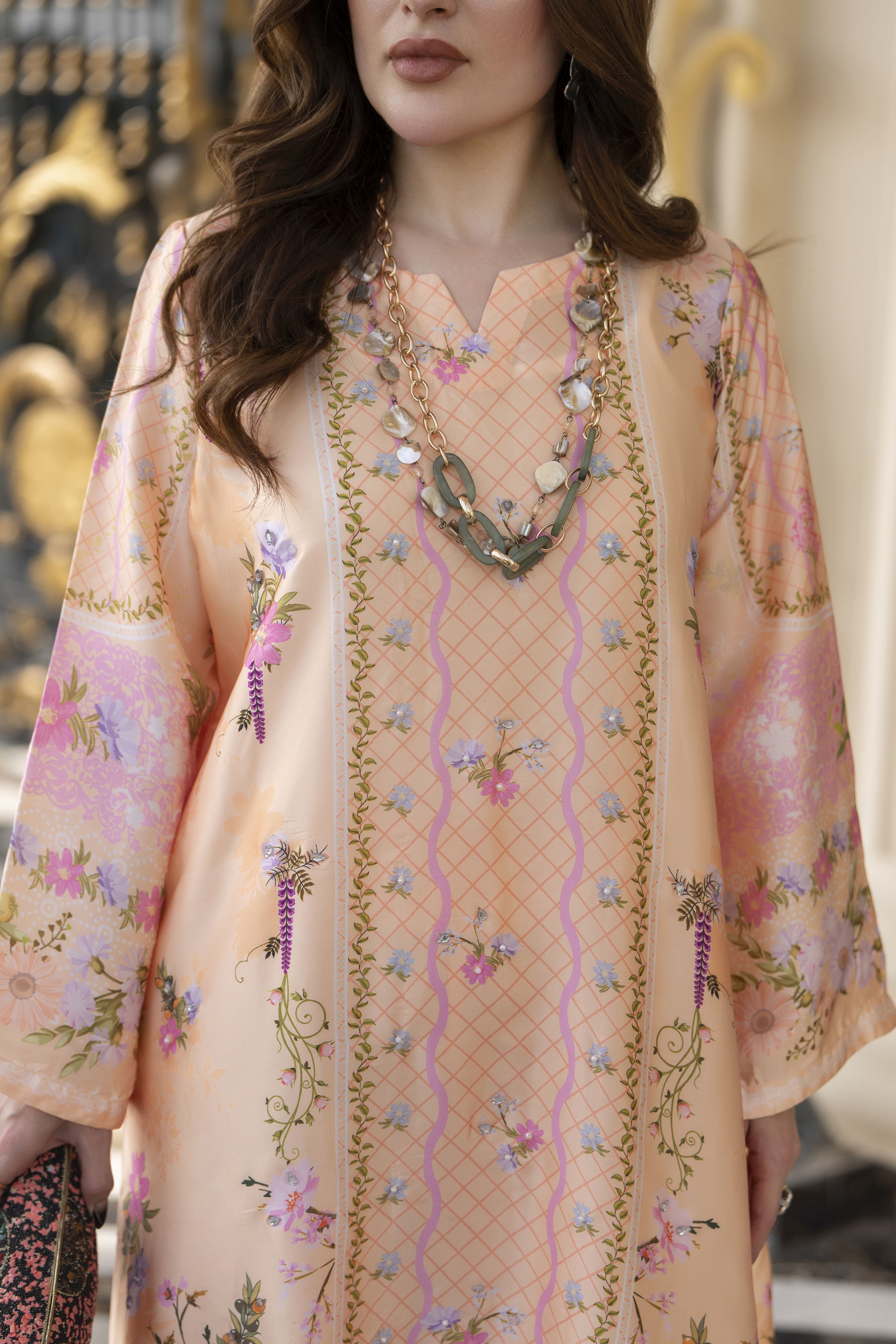 Sakeena 2pc Printed Charmeuse Handworked Kaftan – Areej – CS1