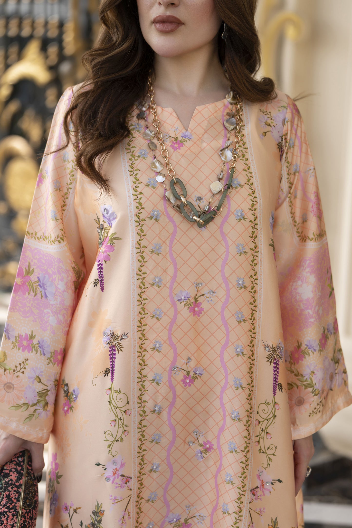 Sakeena 2pc Printed Charmeuse Handworked Kaftan – Areej – CS1