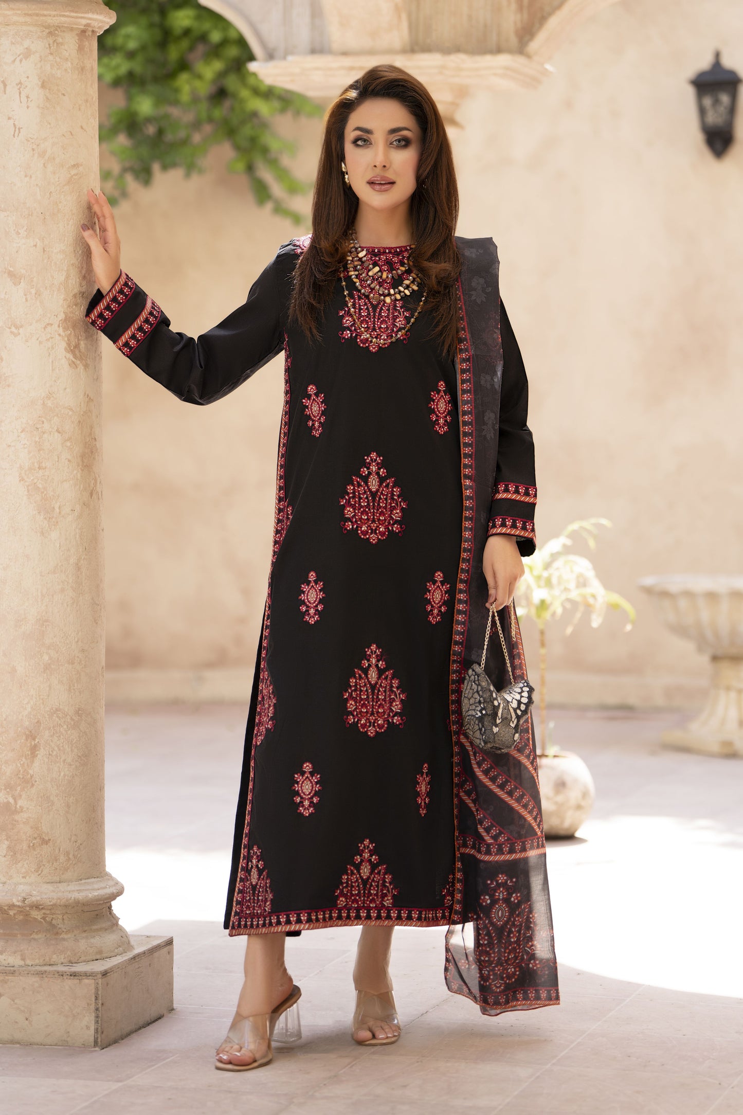 Zaiwa Sway4 3pc Embroidered Cotton Long Shirt Suit with Printed Dupatta