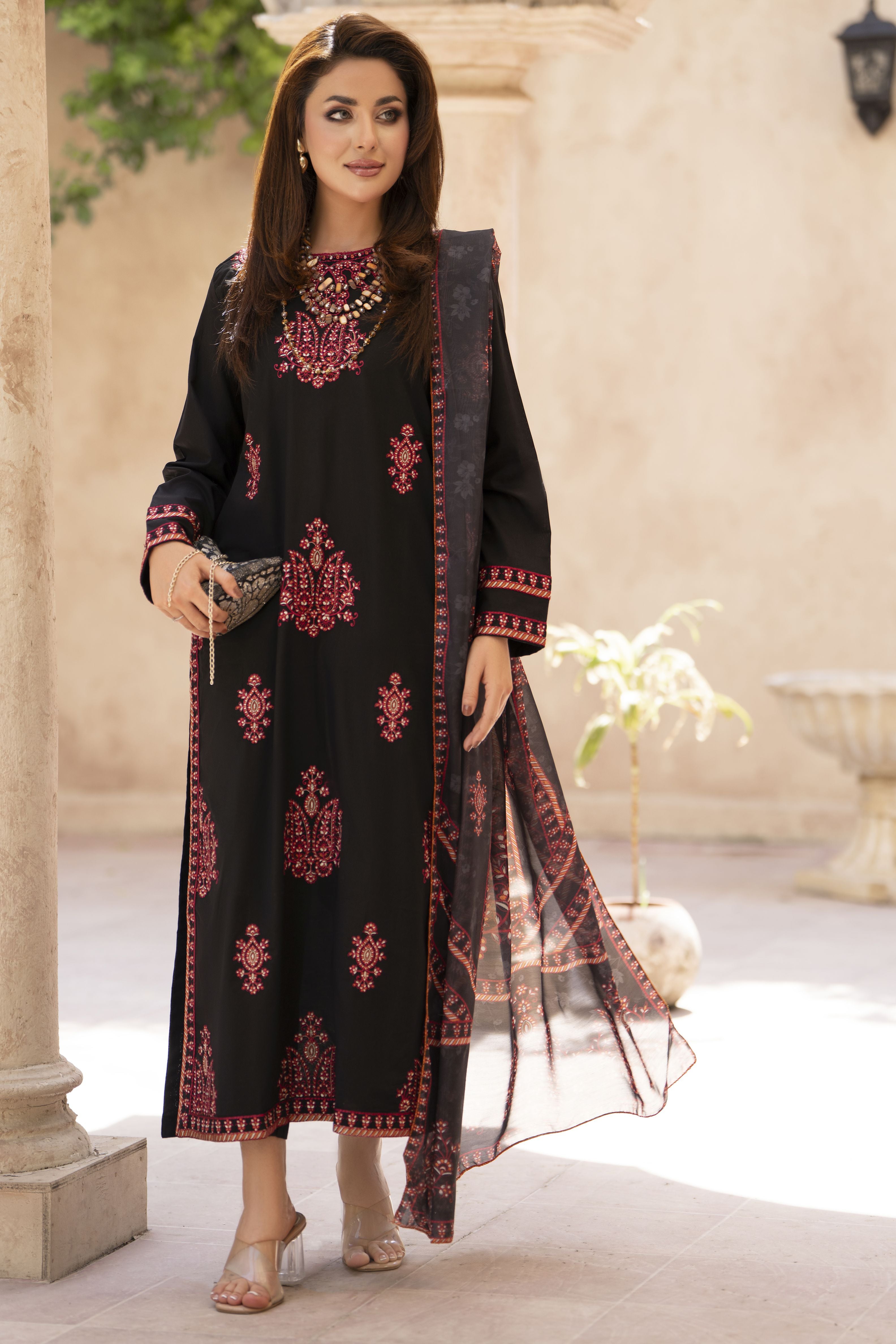 Zaiwa Sway4 3pc Embroidered Cotton Long Shirt Suit with Printed Dupatta