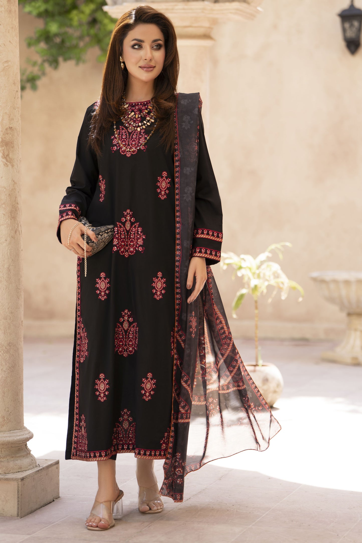 Zaiwa Sway4 3pc Embroidered Cotton Long Shirt Suit with Printed Dupatta