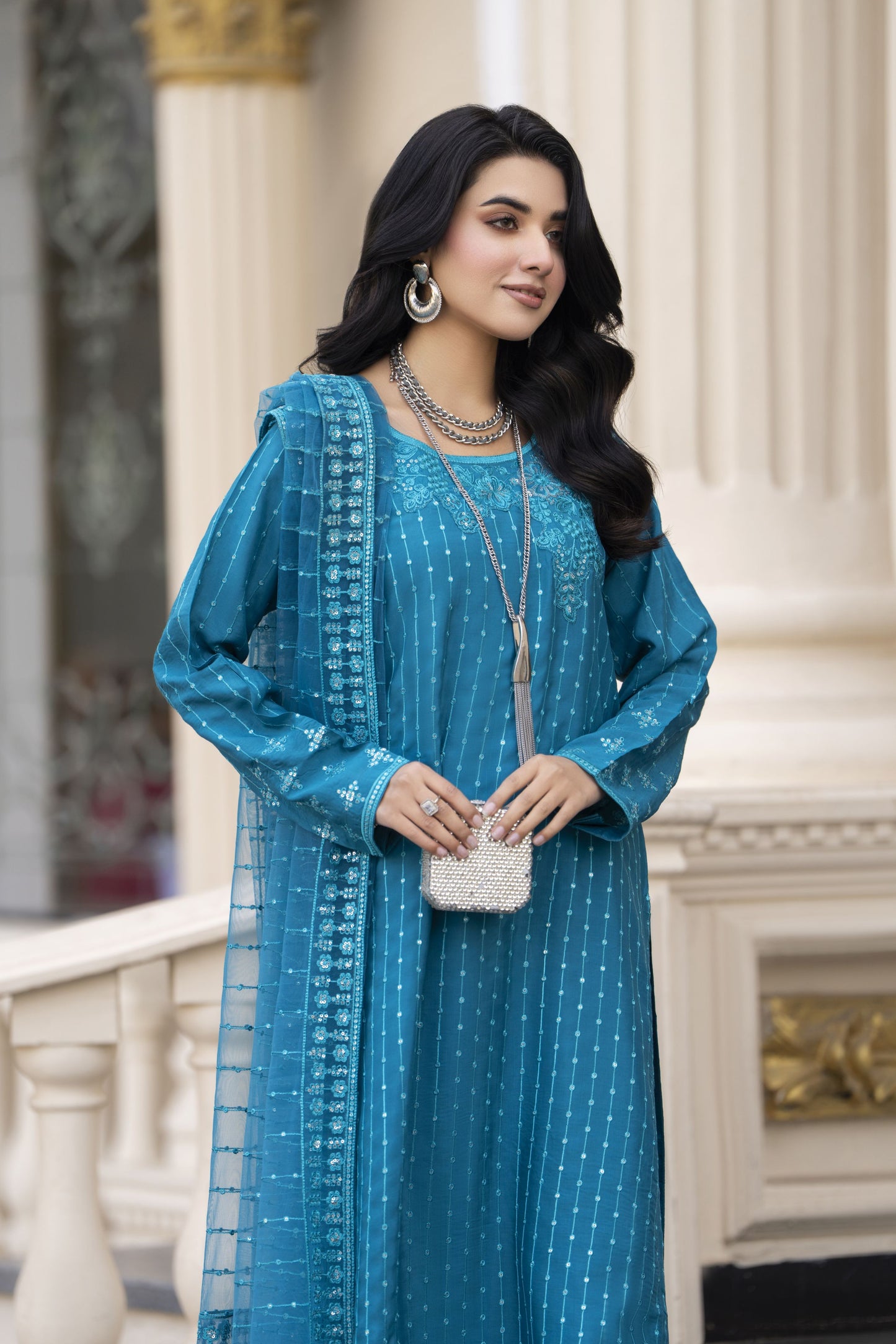 Aleezay Evara 3pc Raw Silk Embroidered Long Shirt Ready to Wear Suit EZ3