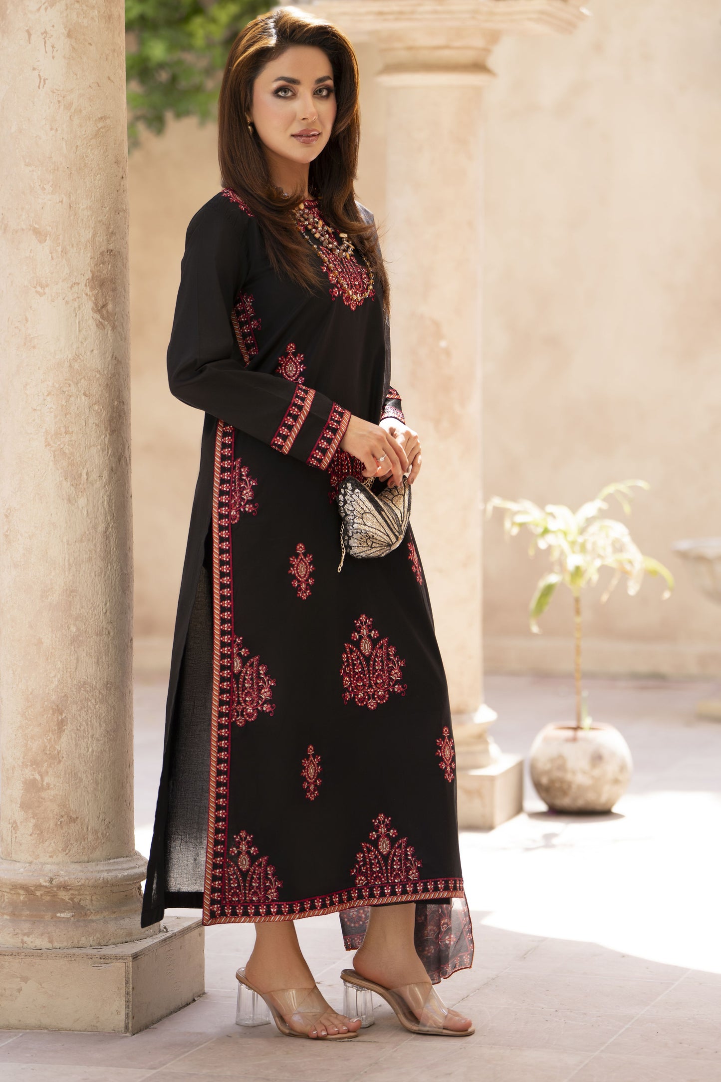 Zaiwa Sway4 3pc Embroidered Cotton Long Shirt Suit with Printed Dupatta