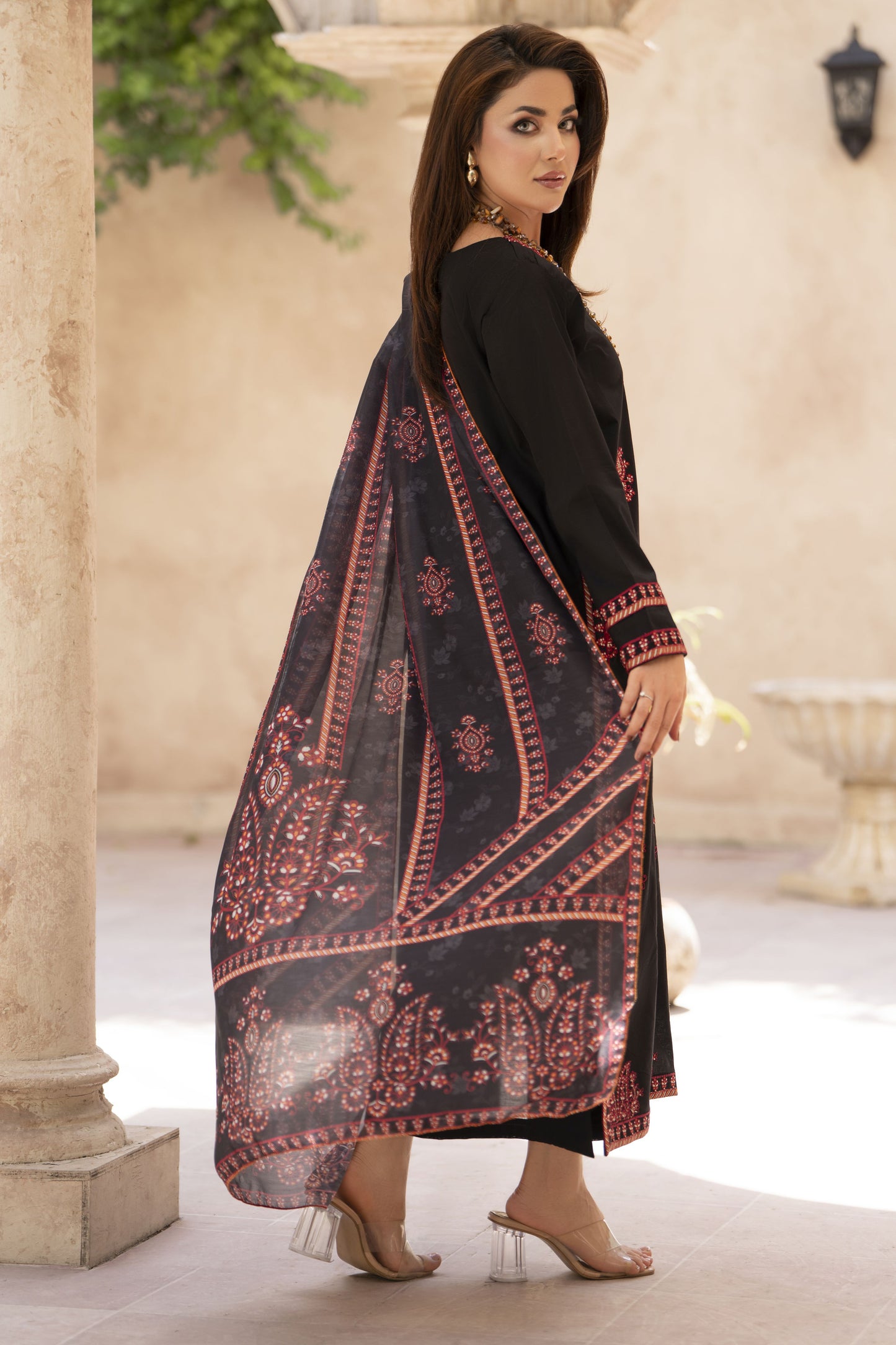 Zaiwa Sway4 3pc Embroidered Cotton Long Shirt Suit with Printed Dupatta