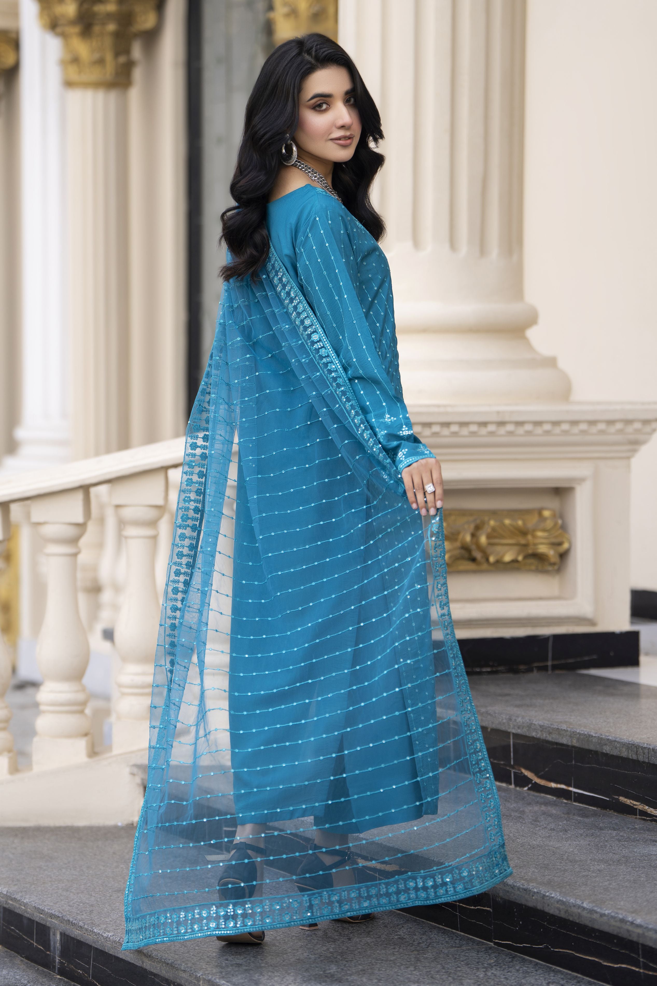 Aleezay Evara 3pc Raw Silk Embroidered Long Shirt Ready to Wear Suit EZ3