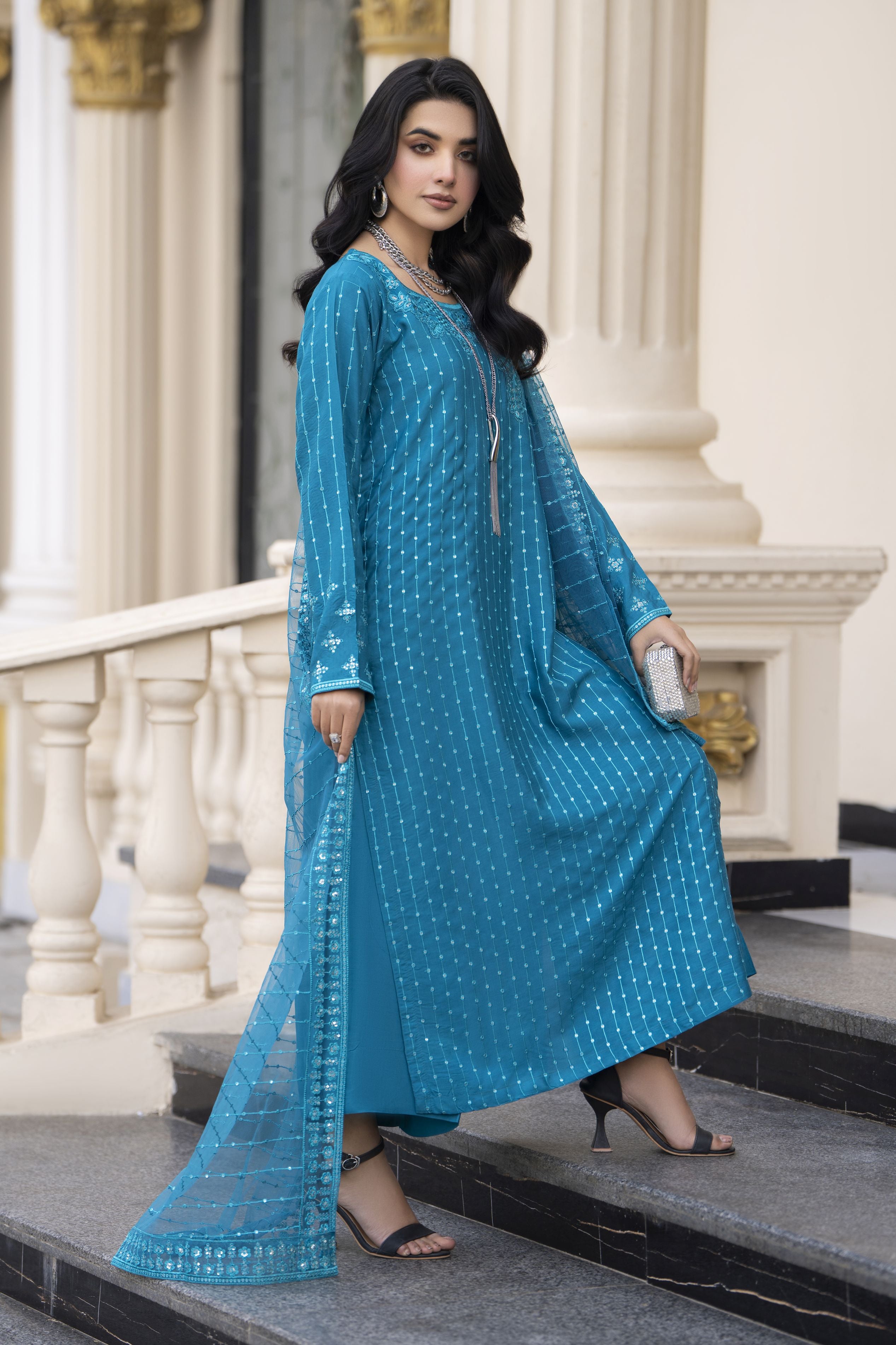 Aleezay Evara 3pc Raw Silk Embroidered Long Shirt Ready to Wear Suit EZ3