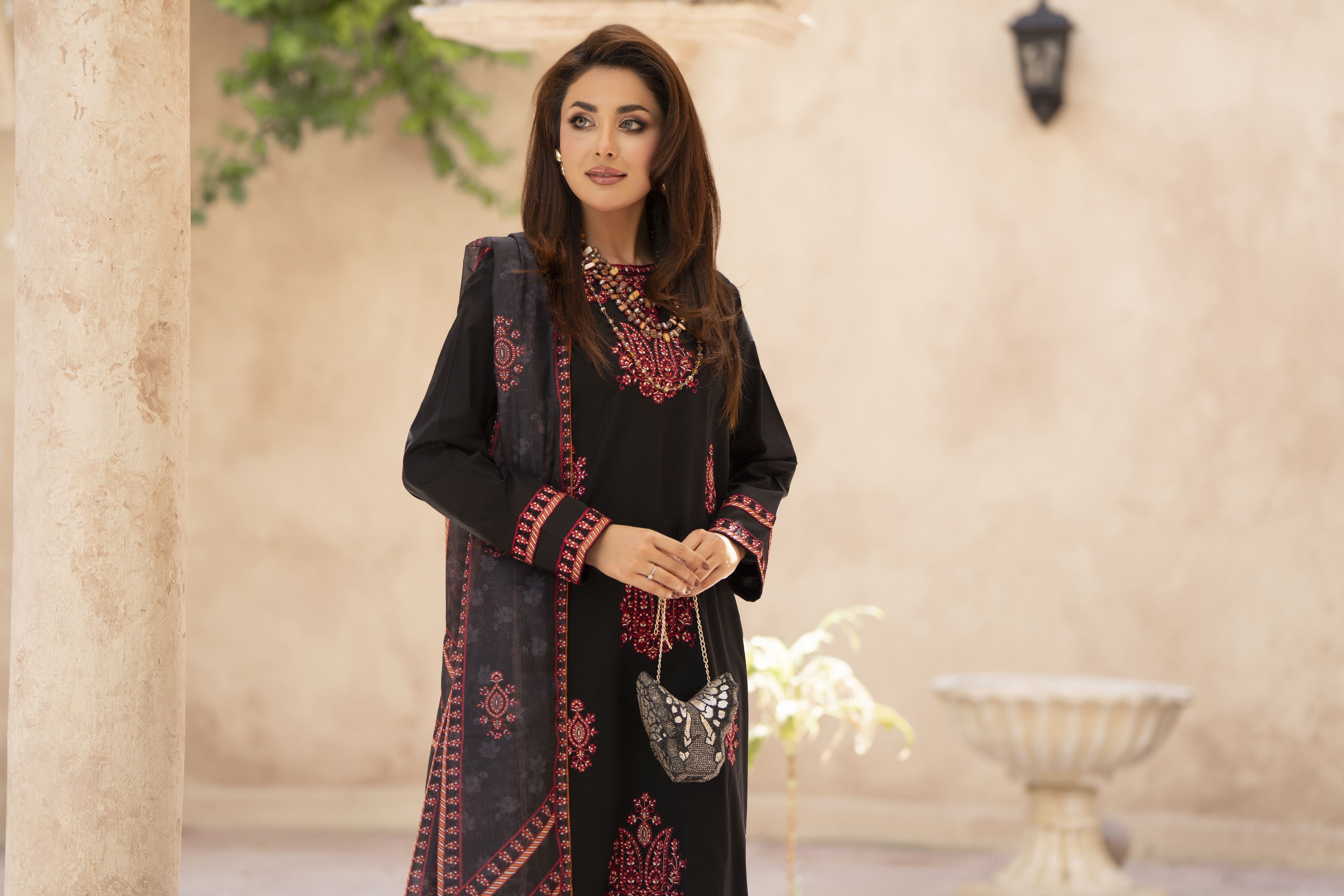 Zaiwa Sway4 3pc Embroidered Cotton Long Shirt Suit with Printed Dupatta