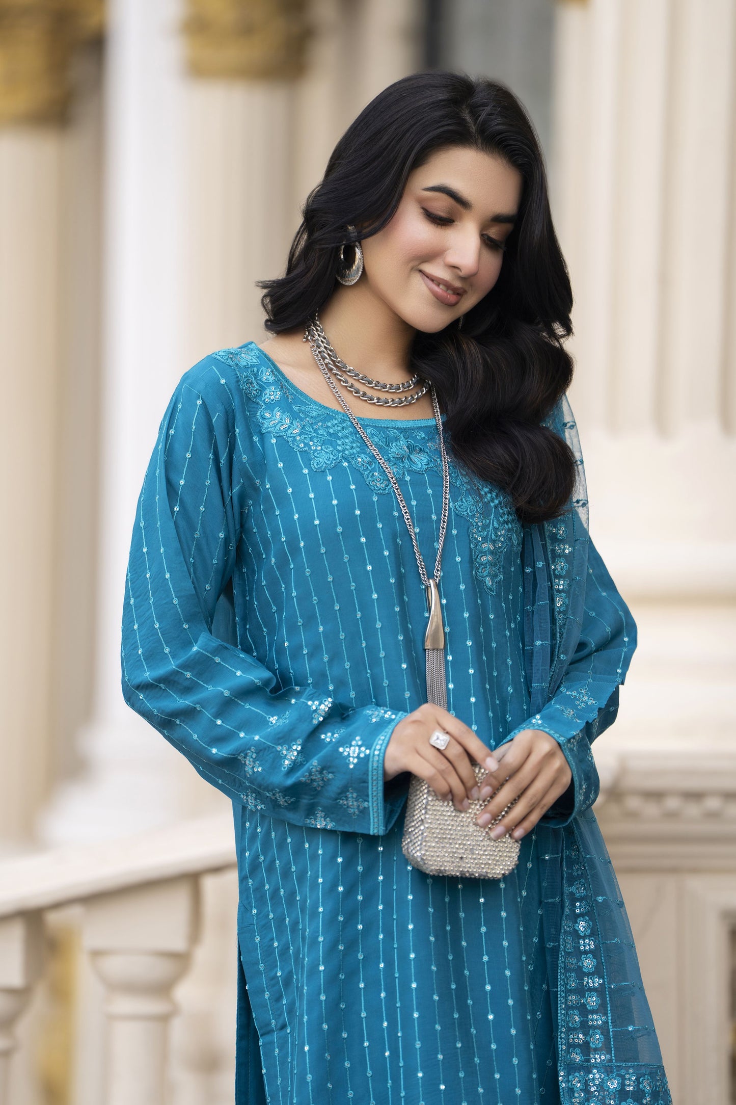 Aleezay Evara 3pc Raw Silk Embroidered Long Shirt Ready to Wear Suit EZ3