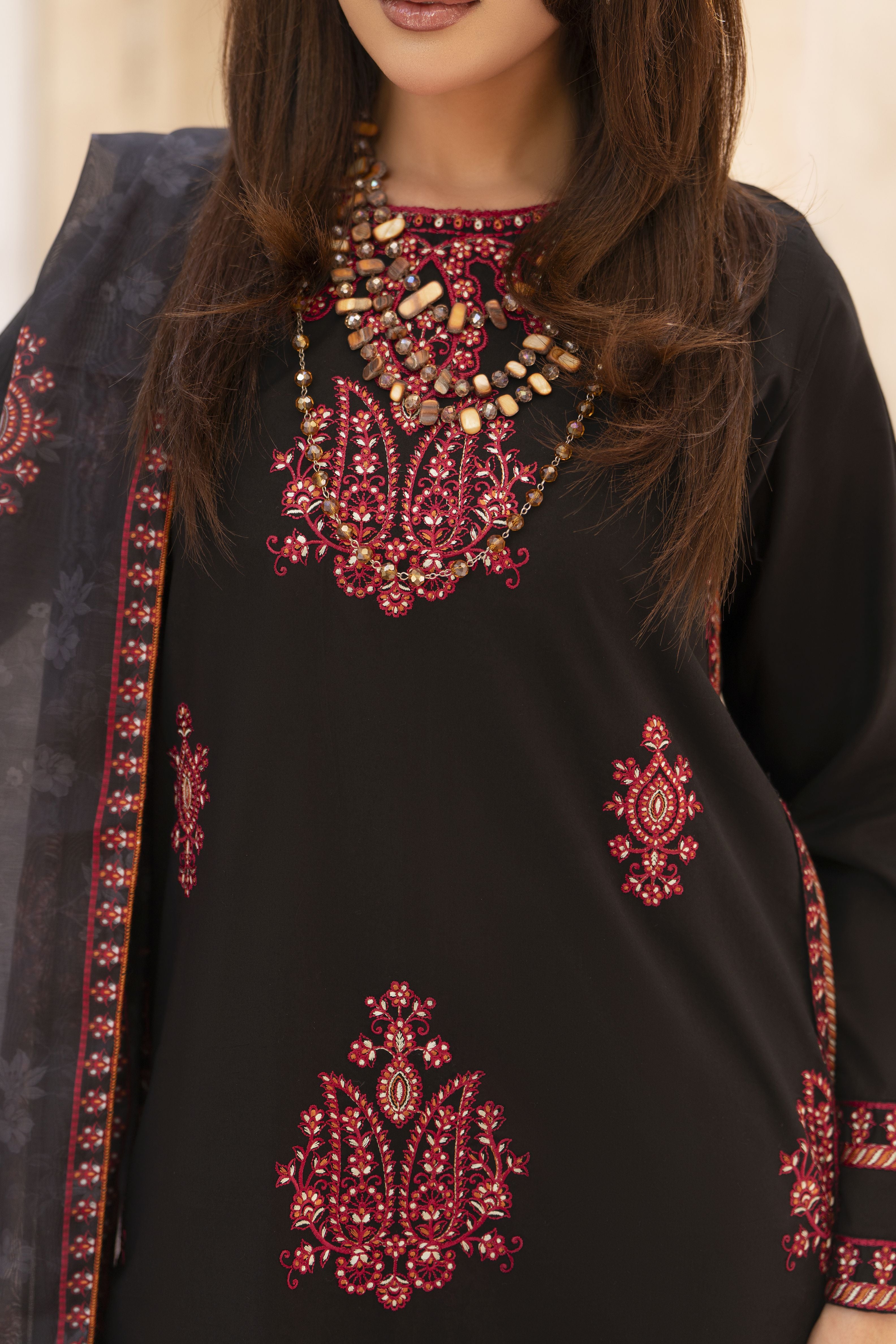 Zaiwa Sway4 3pc Embroidered Cotton Long Shirt Suit with Printed Dupatta