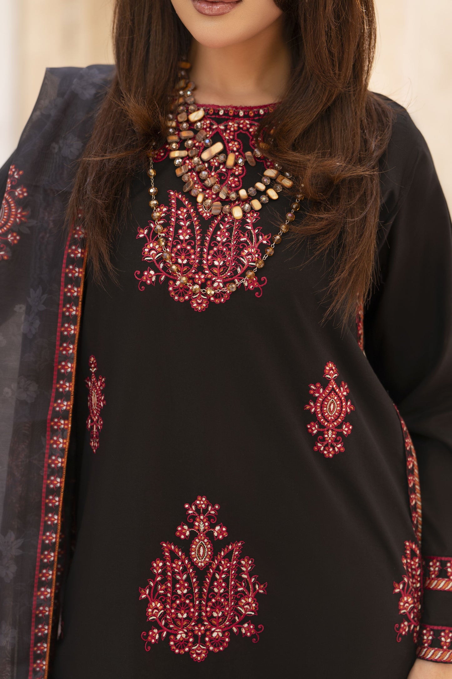 Zaiwa Sway4 3pc Embroidered Cotton Long Shirt Suit with Printed Dupatta