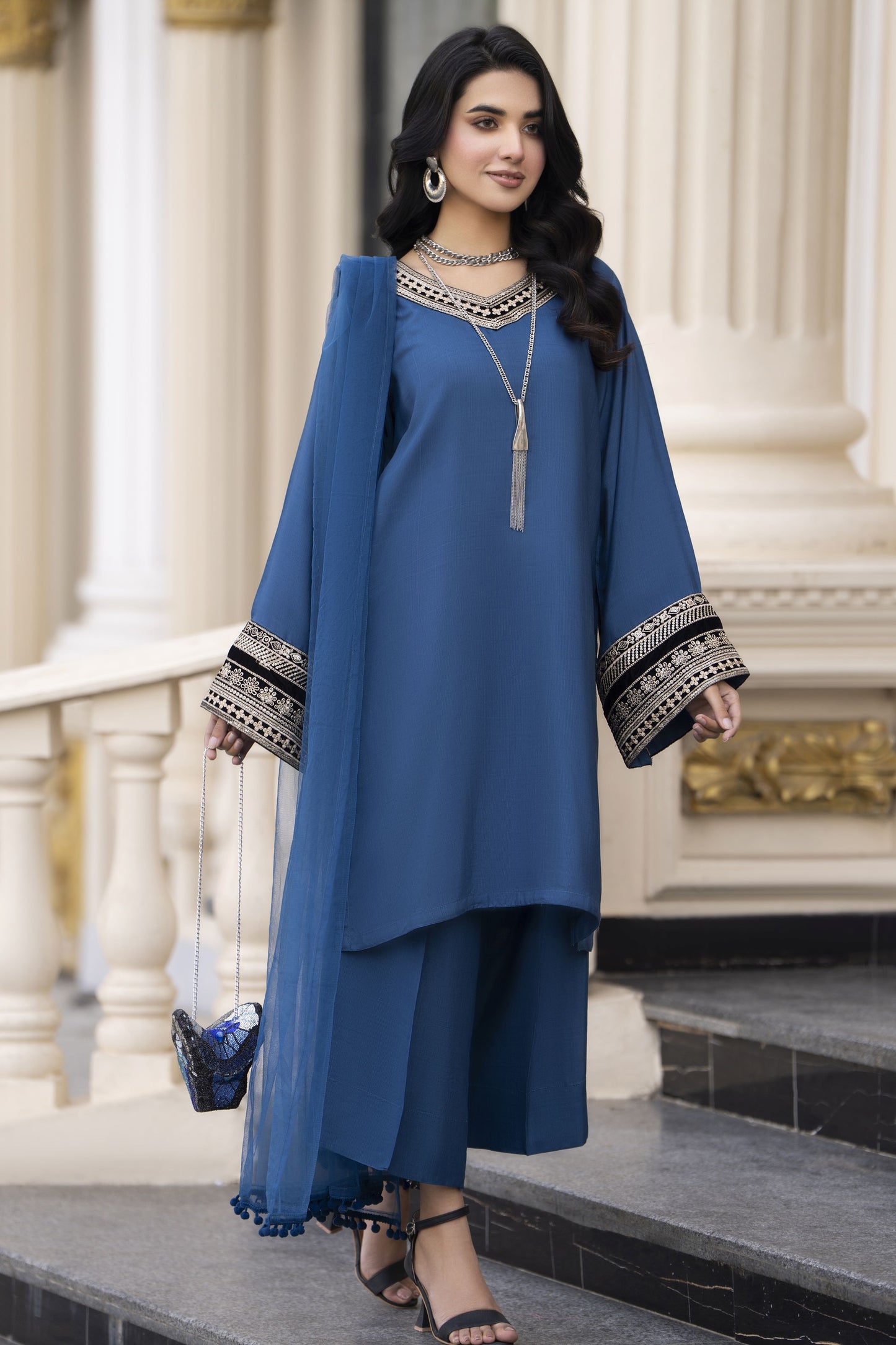 Aleezay Evara 3pc Raw Silk with Velvet Embroidery Ready to Wear Suit EZ9