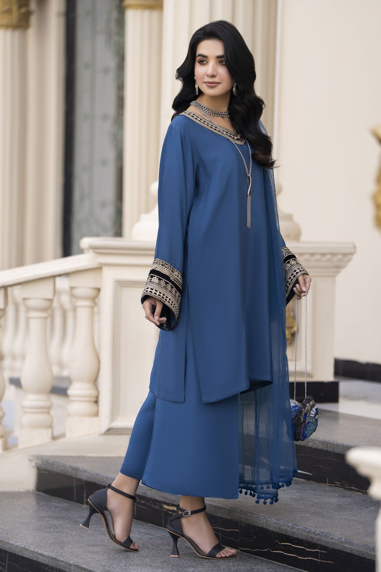 Aleezay Evara 3pc Raw Silk with Velvet Embroidery Ready to Wear Suit EZ9