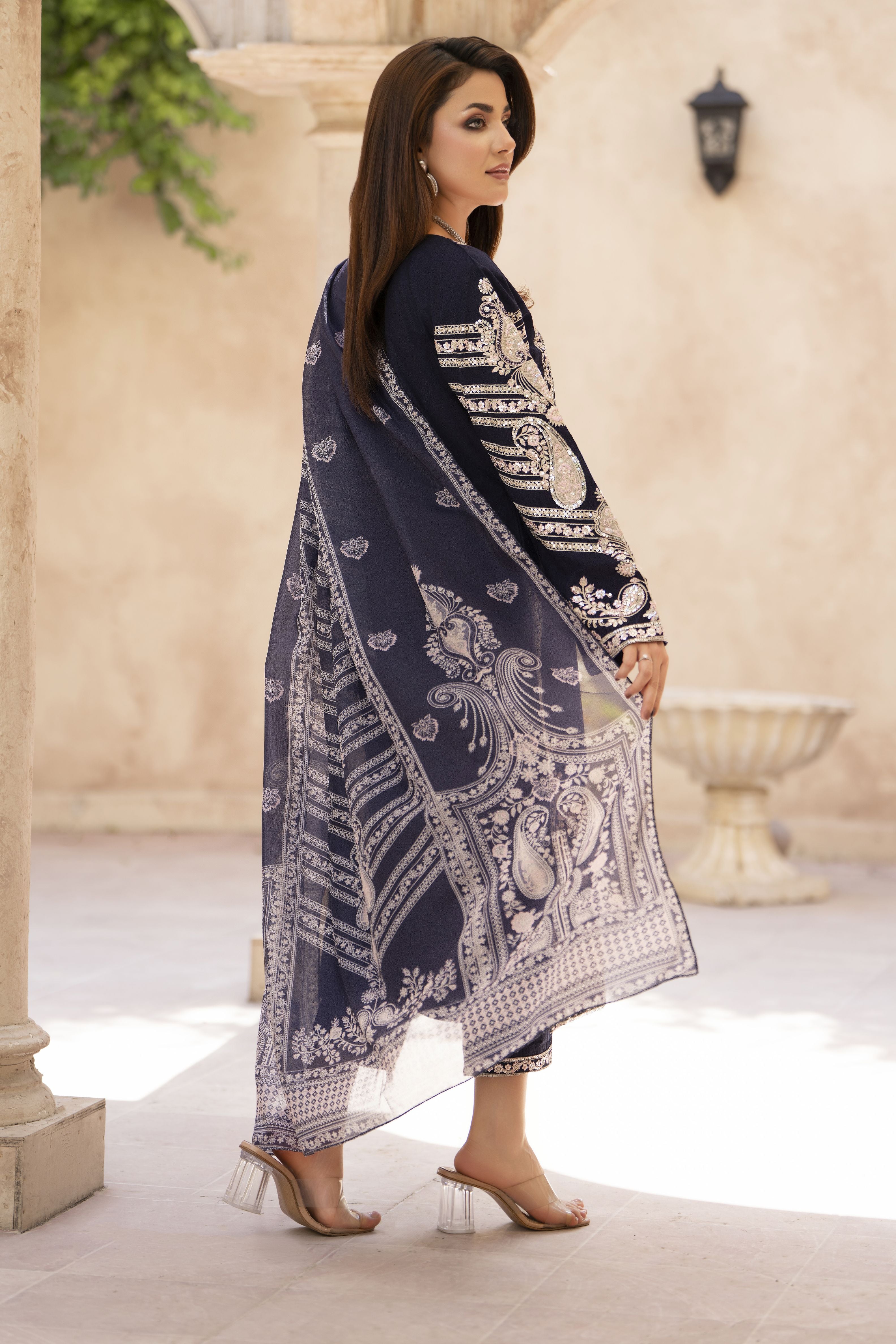 Zaiwa Sway11 3pc Navy Sequin Embroidered Lawn Suit with Monar Dupatta