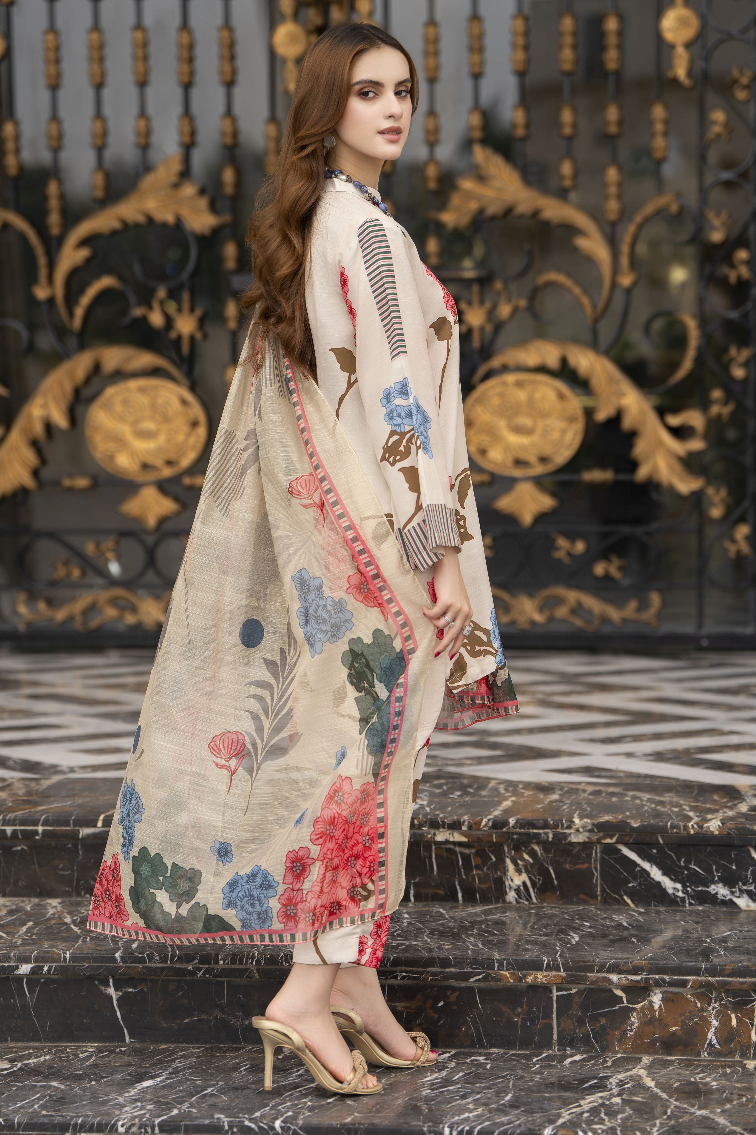 Daily Drapes by Mona – 3pc Printed Raw Silk Co-ord Suit DDR1